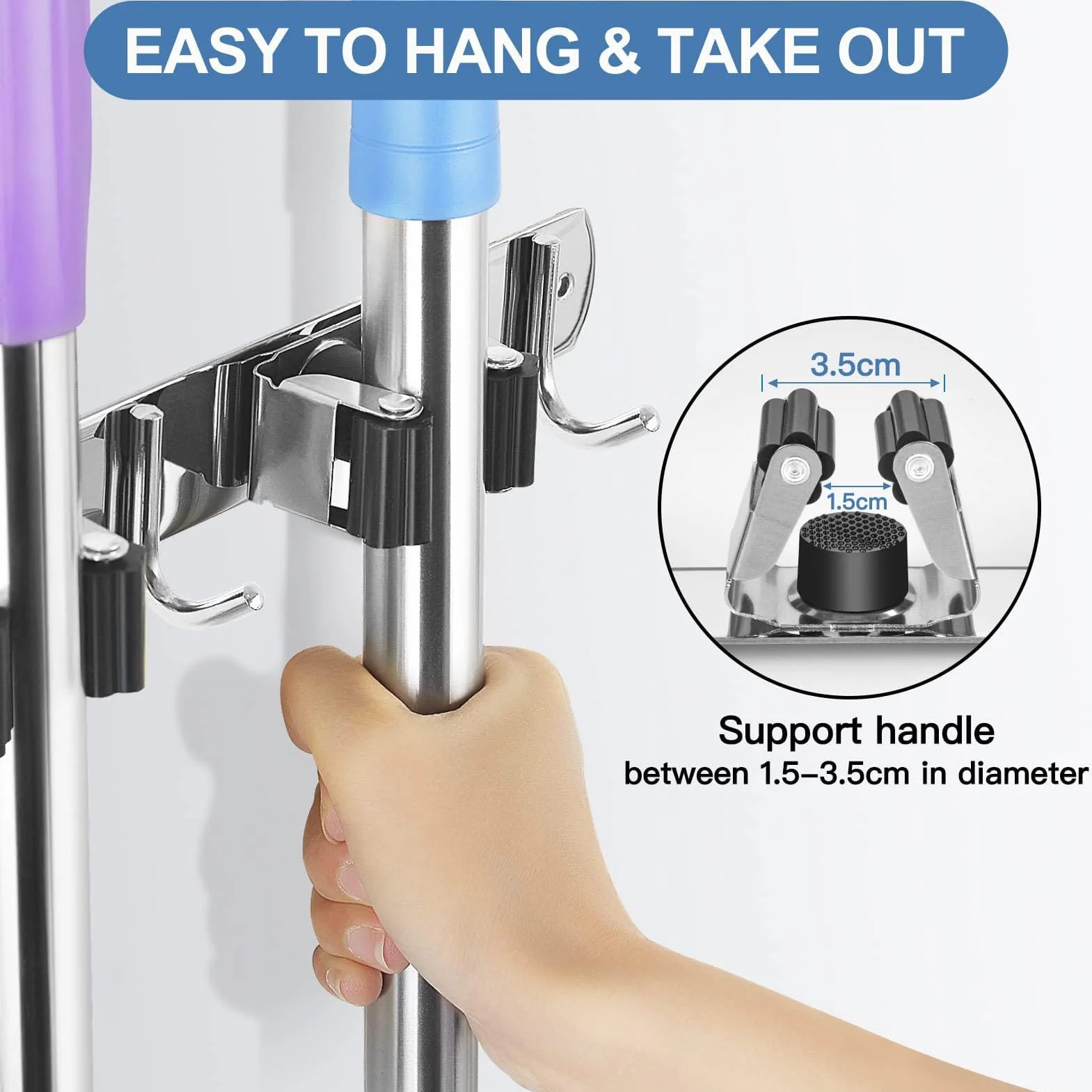 Soporte para Escoba y Fregona, Montaje en Pared, Organizador de Acero Inoxidable Resistente, 5 Ranuras, 4 Ganchos, Garaje, Lavandería, Armario, Almacenamiento, Ahorro de Espacio,