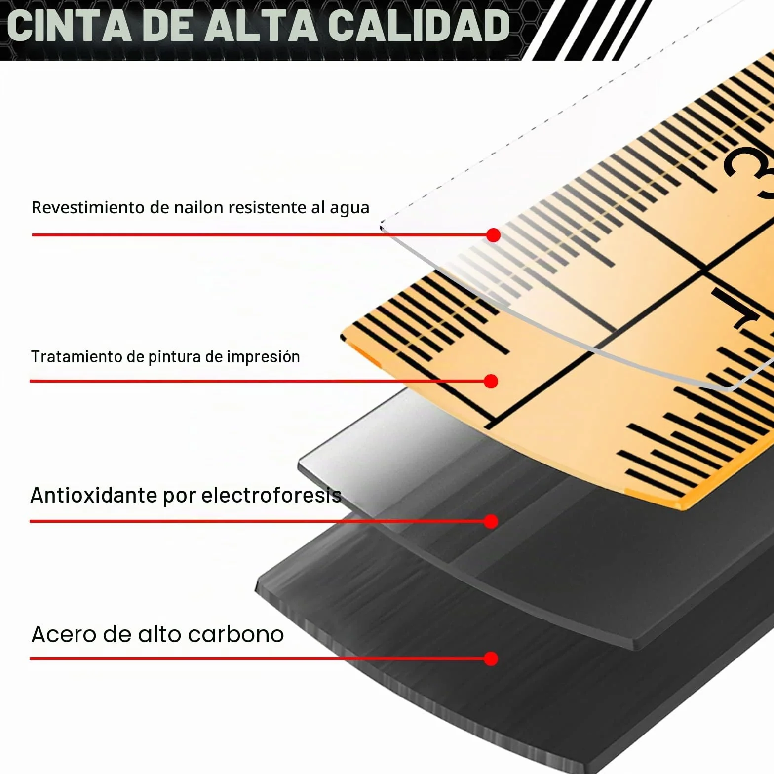 WISEUP Cinta métrica profesional 5 m, autobloqueo, carcasa ABS, clip cinturón