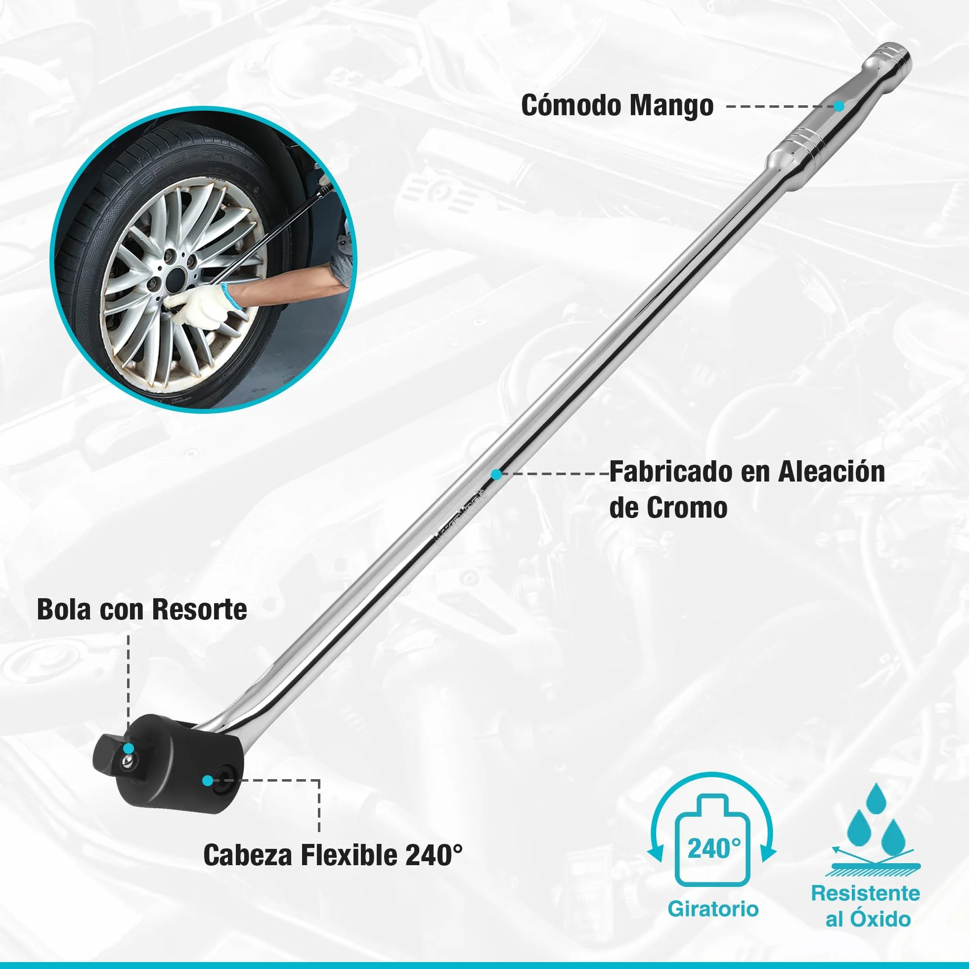 DURATECH 1/2" Mango Articulado, Llave para Trabajos Pesados, Barra Rompedora 600 mm, Llave de Carraca con Cabeza Flexible, Llave para Tuercas de Rueda