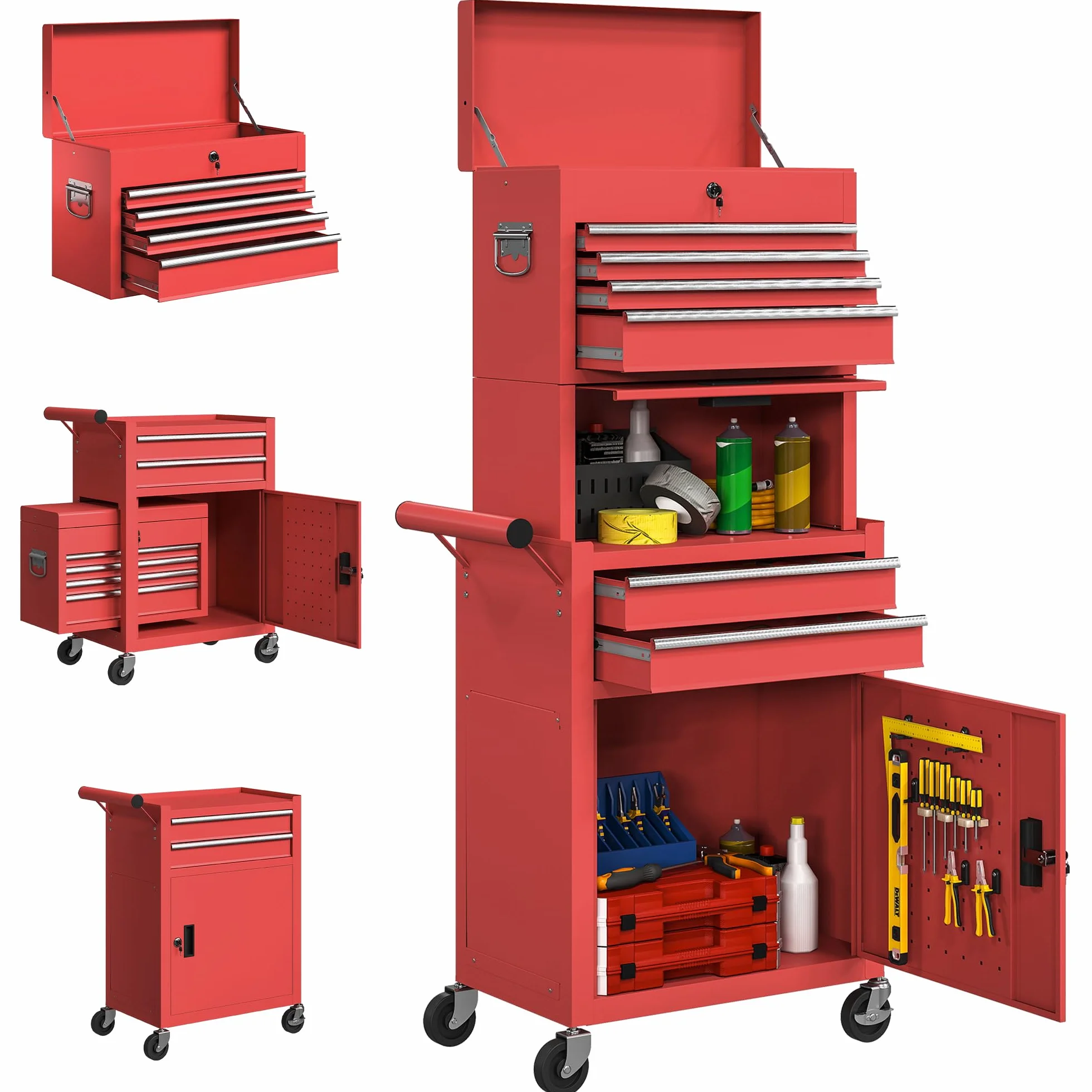 HOMCOM Carro de Herramientas 6 Cajones 3 en 1 Taller Móvil Ruedas Panel Perforado Caja Desmontable Acero Rojo
