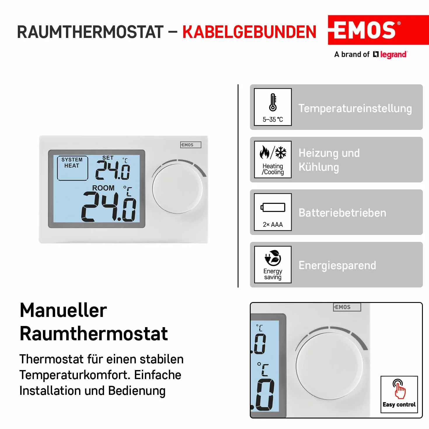 EMOS P5604 - Termostato digital de pared para sistemas de calefacción y refrigeración, regulador de temperatura con rueda de ajuste