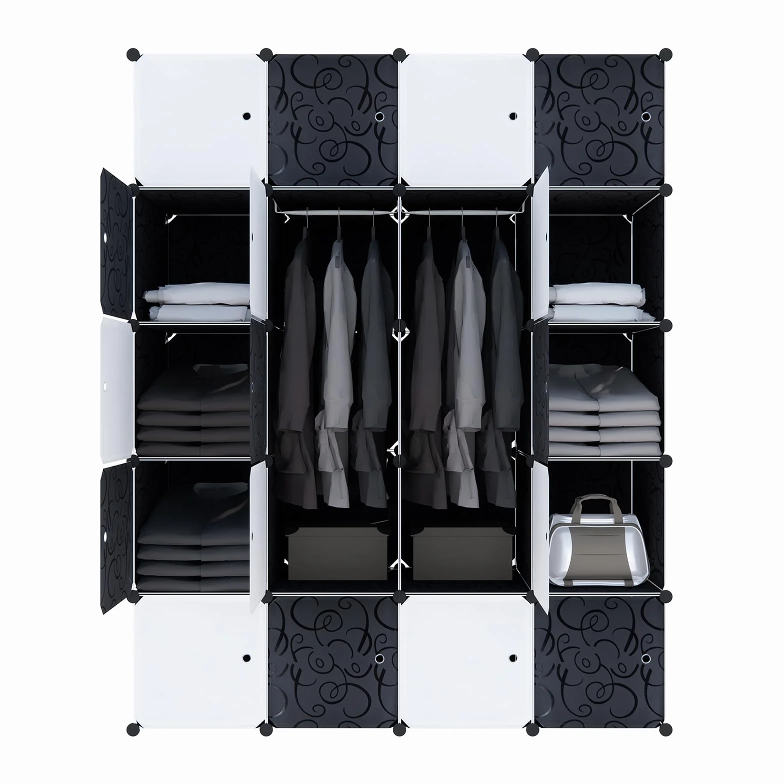 Armario sistema de estanterías con puertas de plástico PP para guardar ropa, libros, 20 cajas con puerta, 2 barras negras