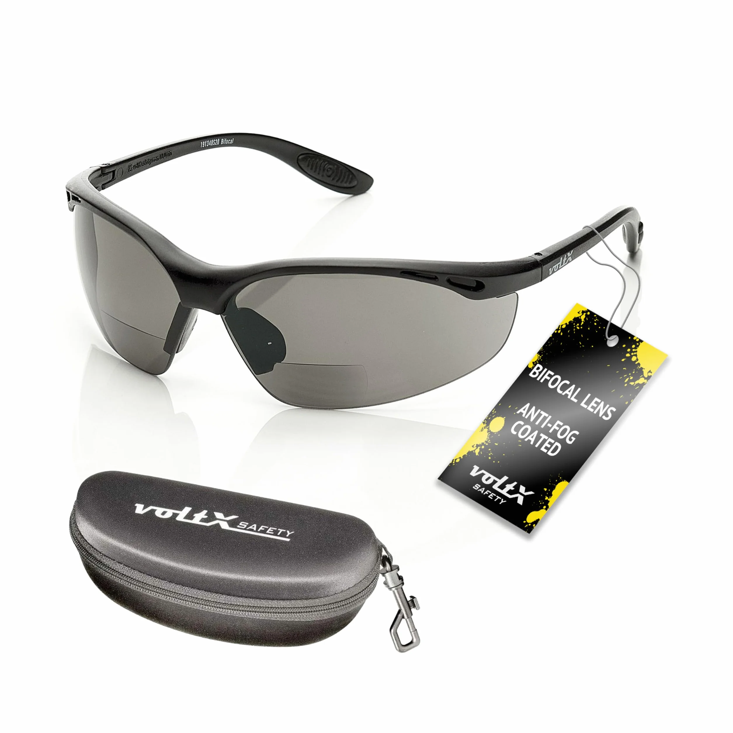 voltX 'CONSTRUCTOR' (AHUMADO/GRIS dioptría +1.0) Gafas de Seguridad de Lectura BIFOCALES que cumplen con la certificación CE EN166F - cuerda de seguridad + estuche de seguridad rígido con bisagras