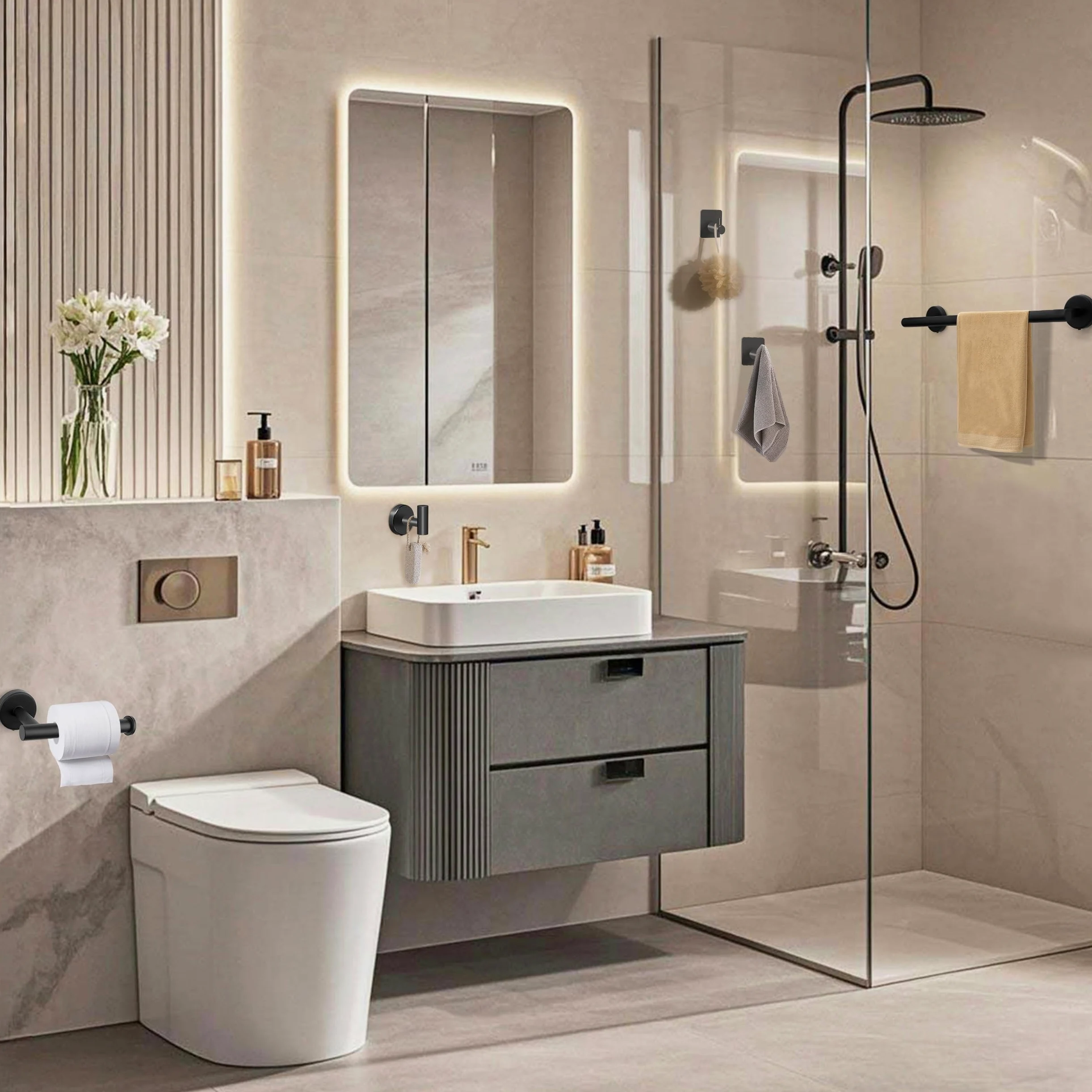 Juego de Toallero de Baño Juego de Herrajes de Baño de Acero Inoxidable Ganchos para Bata para Baño y Cocina 5 Piezas (Negro)