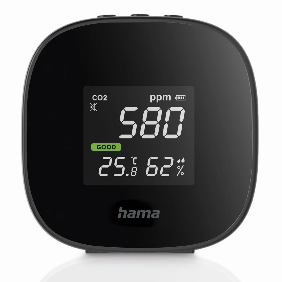 Hama | Detector de la Calidad del Aire (Medición de CO2, de la Humedad y de la Temperatura, con batería Recargable), Color Negro
