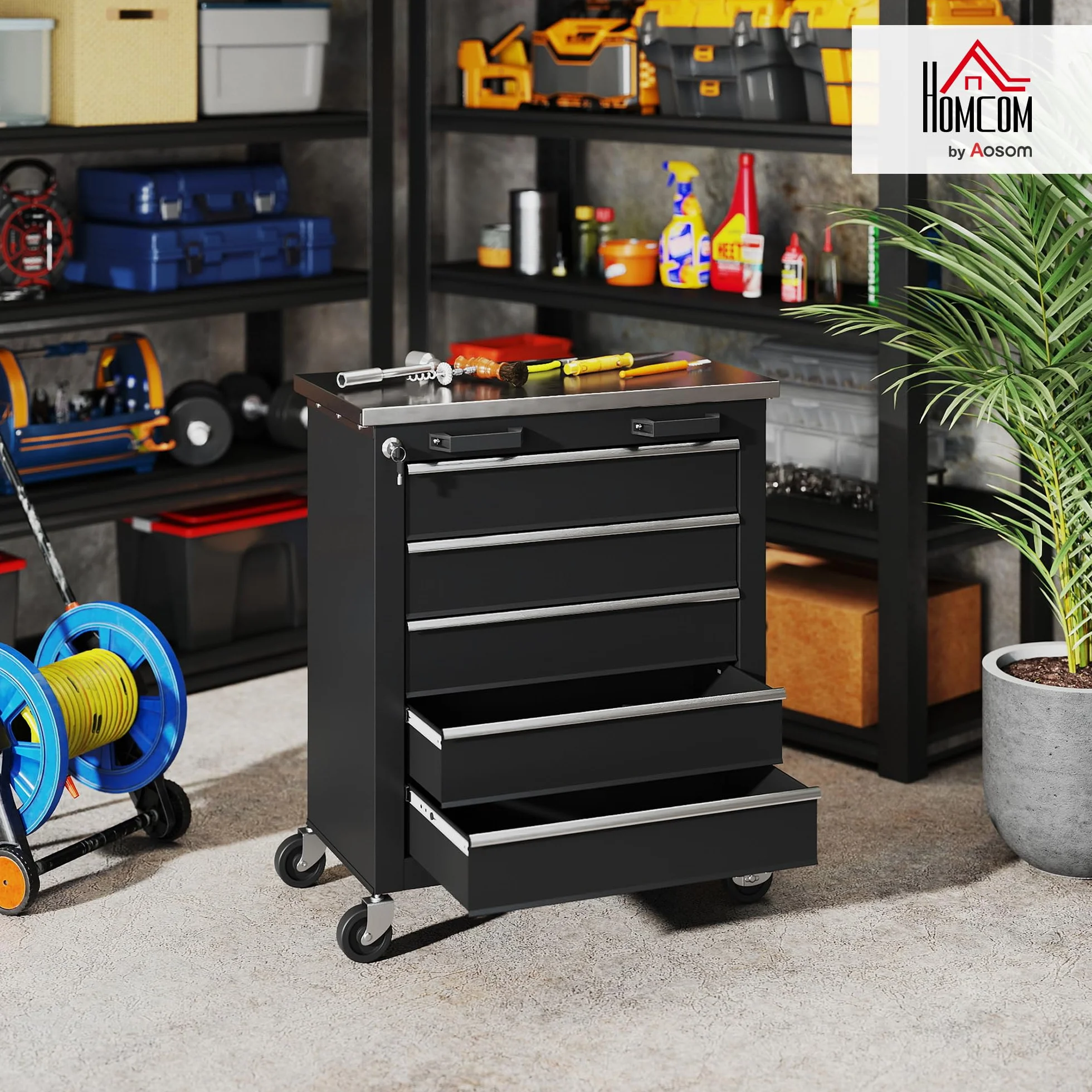 HOMCOM Carro de Herramientas 5 Cajones con Cerradura, Taller con Ruedas, Encimera Acero Inoxidable, Negro Plata