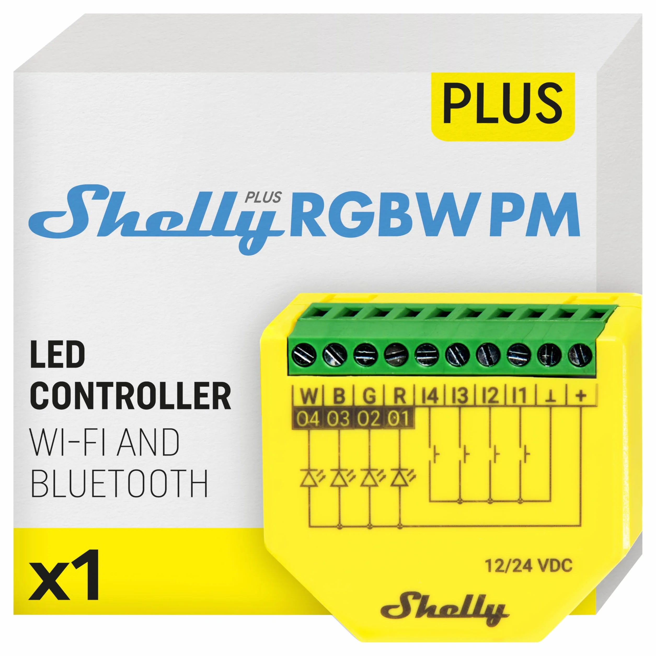 Shelly Plus RGBW PM, Módulo controlador RGBW para tiras LED Wi-Fi y Bluetooth, 12-24 VDC, Medidor de consumo eléctrico integrado, Dimmer luces regulables, No necesita hub, Aplicación iOS Android