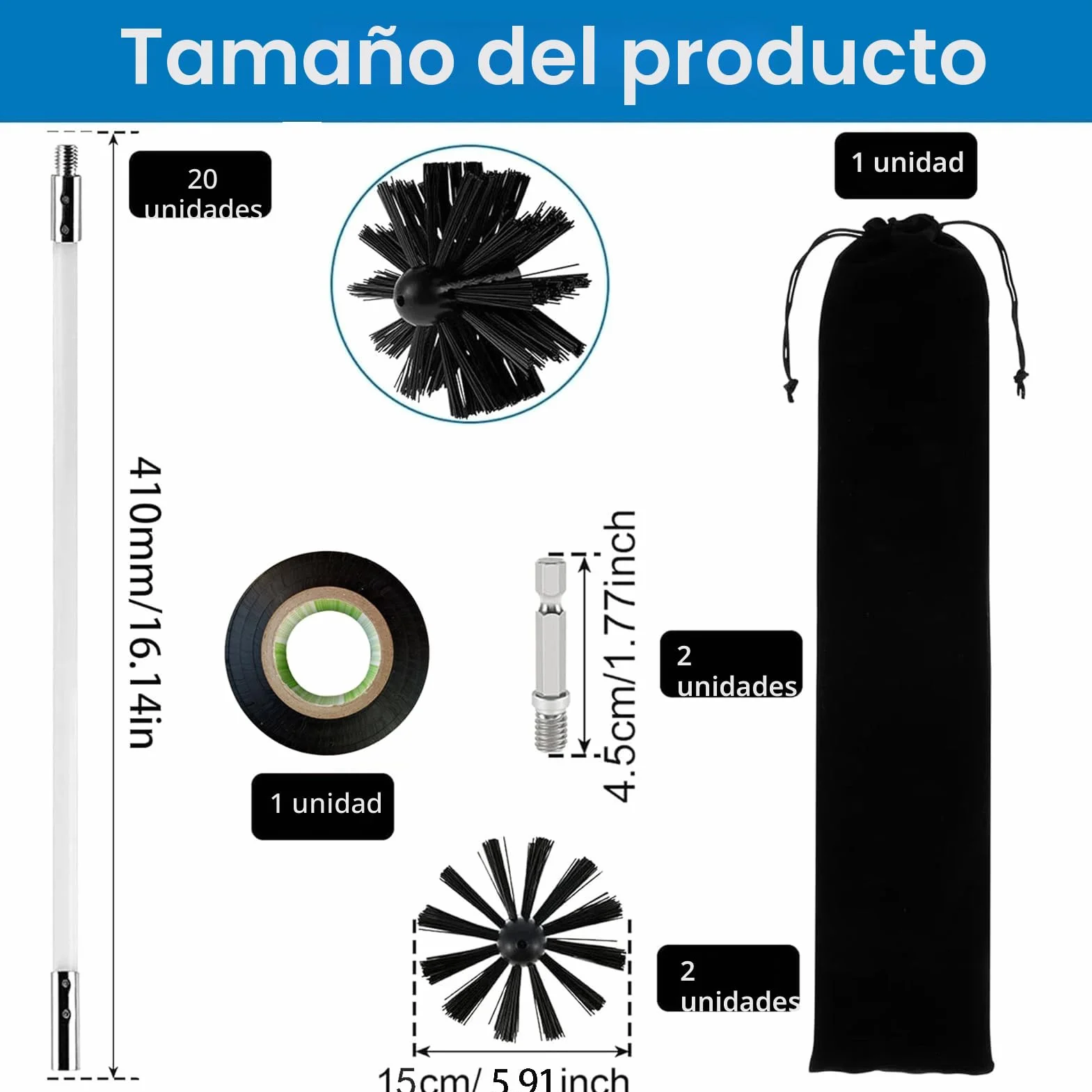 24 Piezas Cepillo De Chimenea Kit,Cepillo Limpieza Chimenea,Kit de Cepillo Limpieza Chimenea,Cepillo para Limpiar Chimeneas Incluye 20 varillas, 2 cabezales, 1 conector y 1 bolsa de almacenamiento