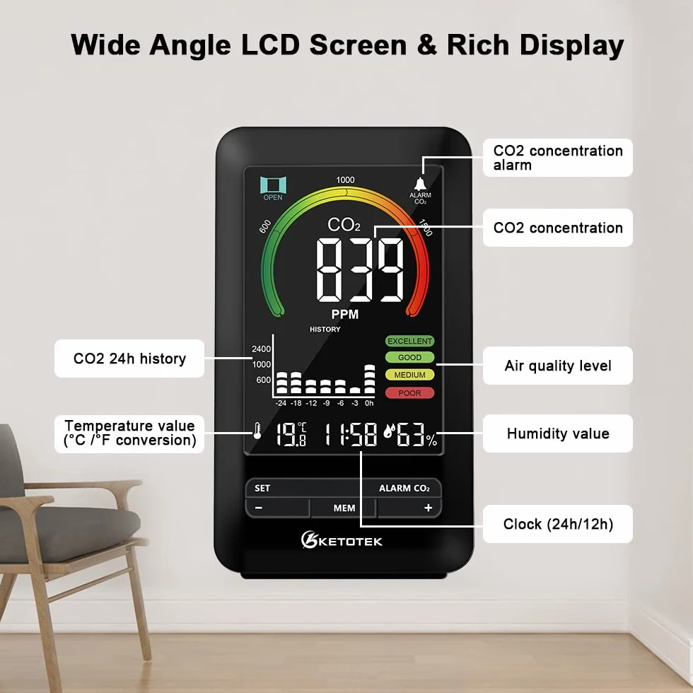 KETOTEK Medidor de CO2, Detector de CO2, Monitor de Calidad del Aire analizador con Alarma, Detector de dióxido de Carbono, Temperatura, Humedad