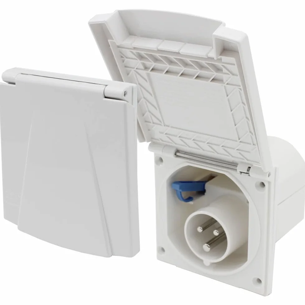 CR-MOESANCO® Enchufe para caravanas CEE - Enchufe de superficie para exteriores de 230 V / 16 A con tapa abatible - Enchufe de 3 polos para caravanas - Para uso en exteriores - IP44 - Blanco