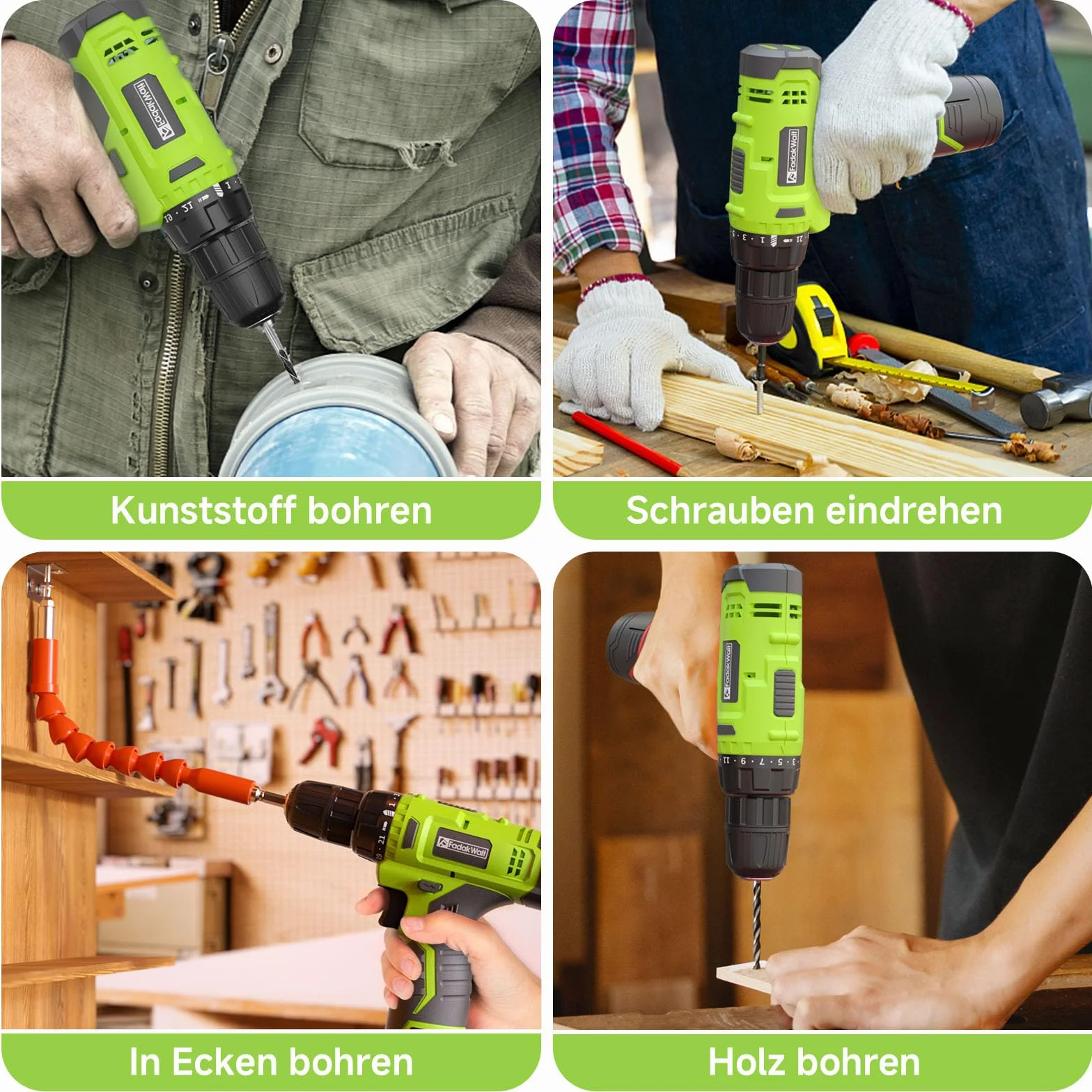 FADAKWALT Taladro Atornillador Batería 12V, Taladro Inalámbrico Juego de 50 Piezas, 19 Nm, 21+1 Ajustes de Par, Luz LED, Atornillador Bateria para Bricolaje en Casa y Jardín (Verde)