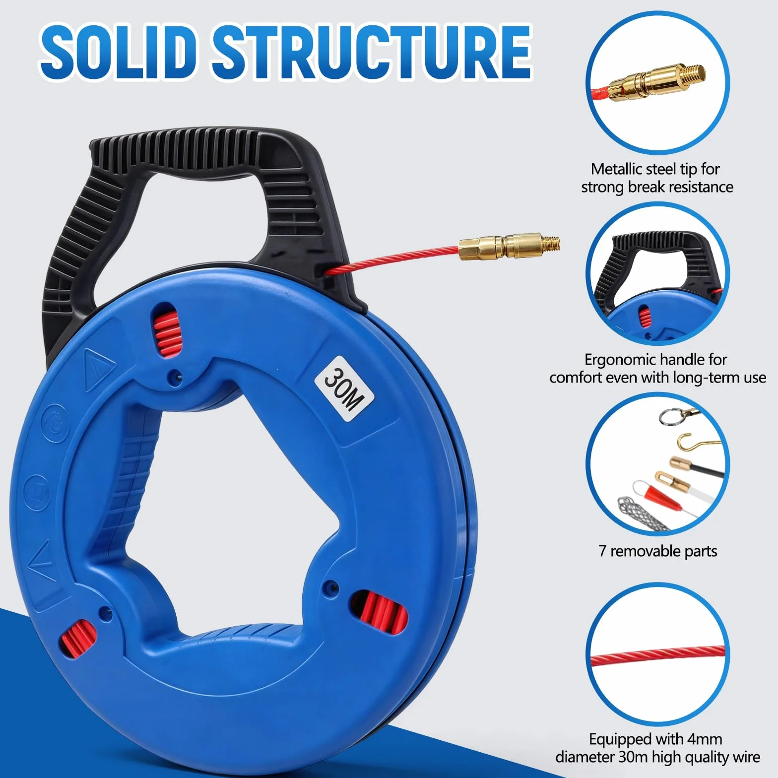 Cable de fibra de vidrio 30m 4mm ayudante inserción con cabeza cobre 6 adaptadores resorte