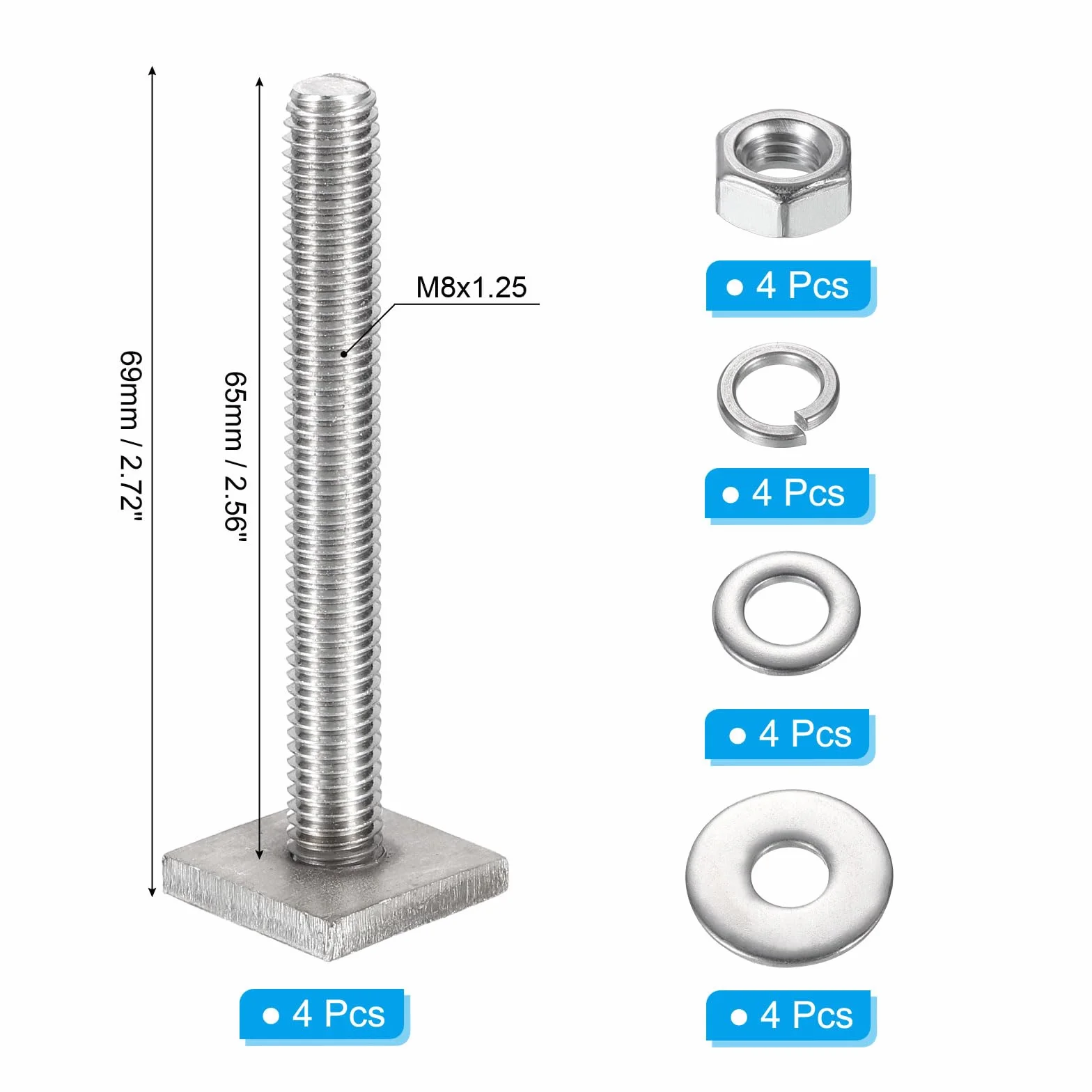 PATIKIL T Ranura Pernos M8 x 65mm, 4 Juego Cuadrado Cabeza T Pernos Techo Portaequipajes Inoxidable Acero T Pista Pernos con Tuerca Arandelas para Bicicleta Esquí Kayak Portaequipajes