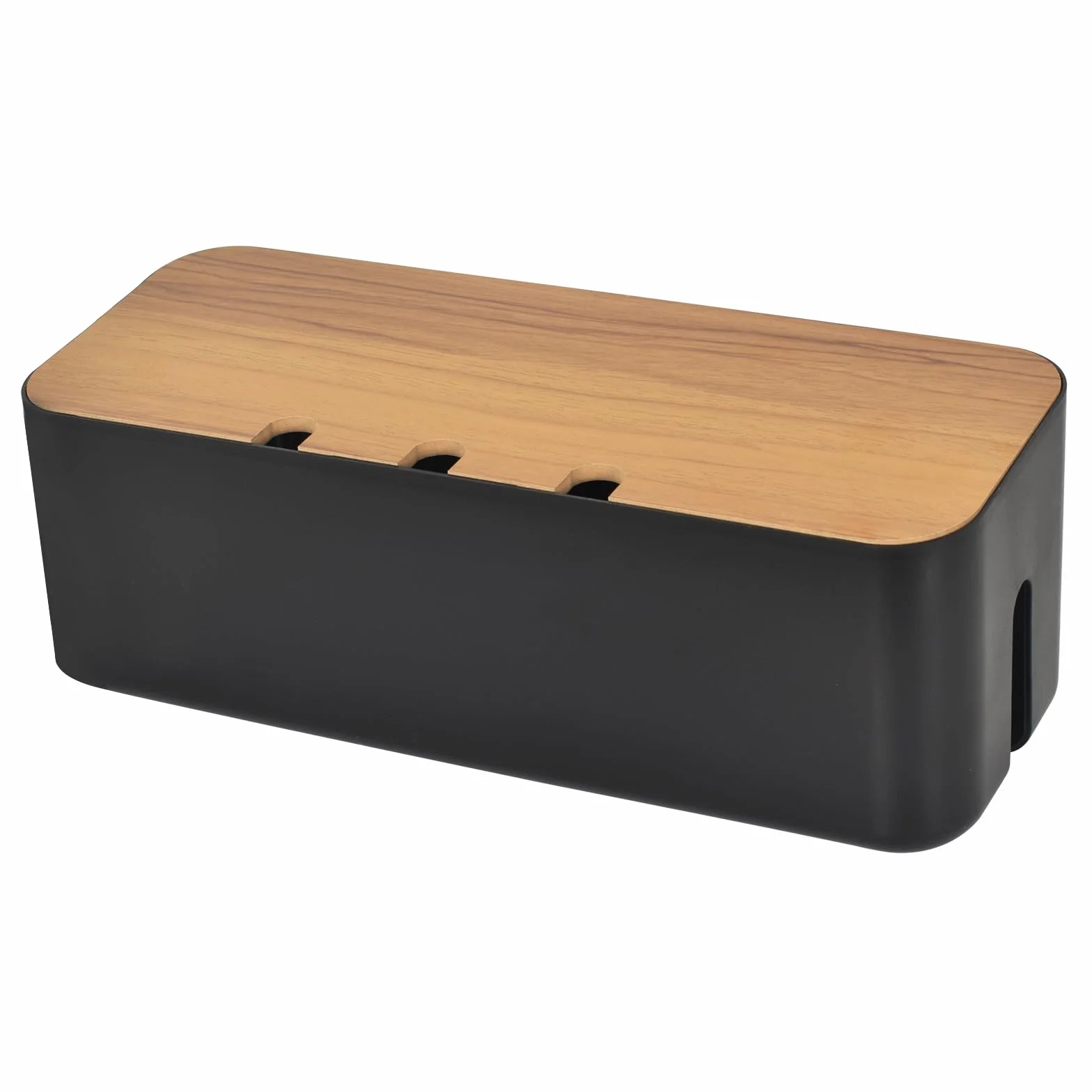 Caja organizadora de cables grande negra con tapa de madera para guardar accesorios y regletas de enchufe para televisores y escritorios en casa y oficina