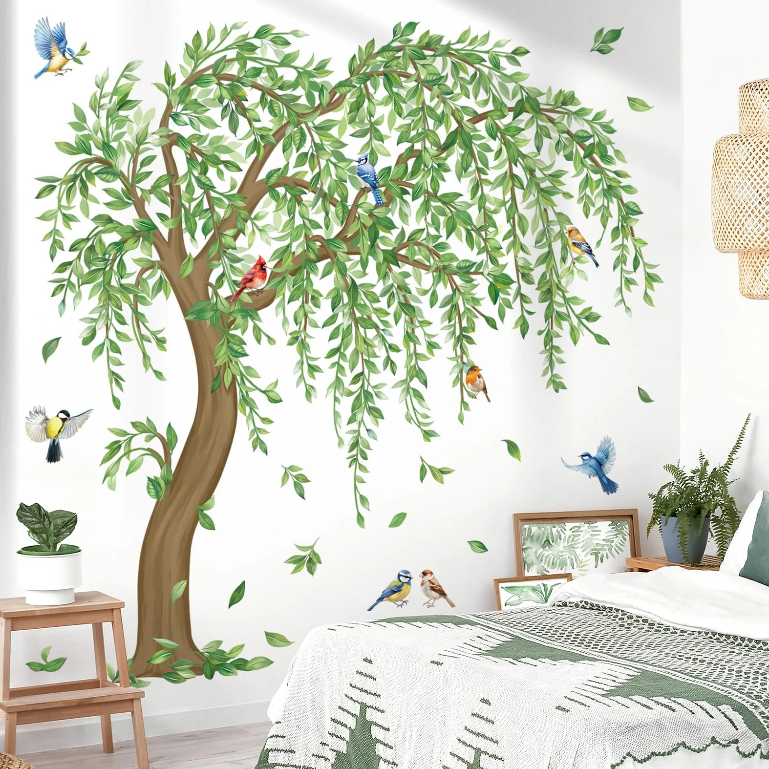 decalmile Pegatinas de Pared Arbol Verde Grande Vinilos Decorativos Hojas Plantas Verde Pájaros Adhesivos Pared Habitación Niña Dormitorio Salón