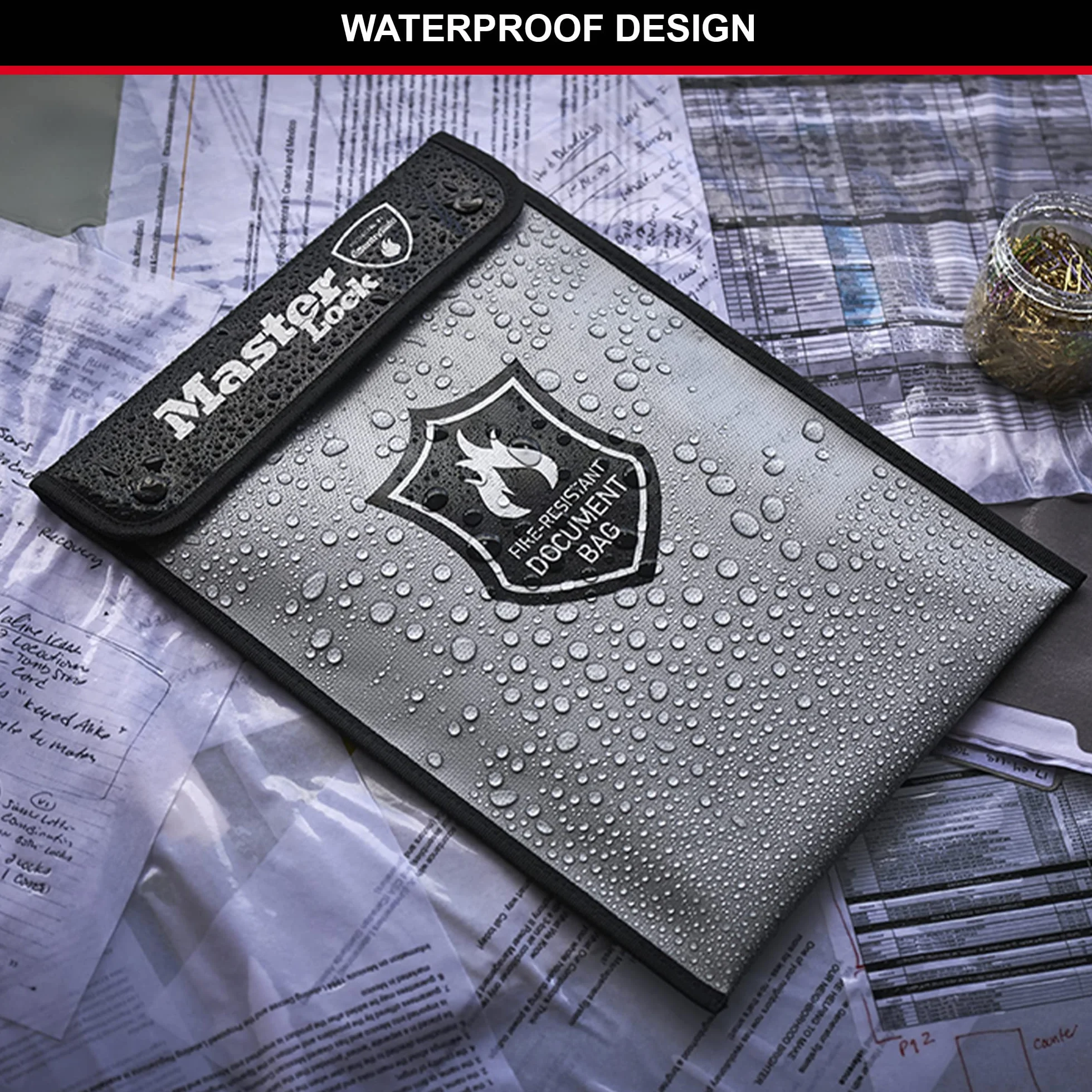 Master Lock FBWLZ0EURHRO Portadocumentos ignífugo con revestimiento de silicona resistente al fuego y al agua