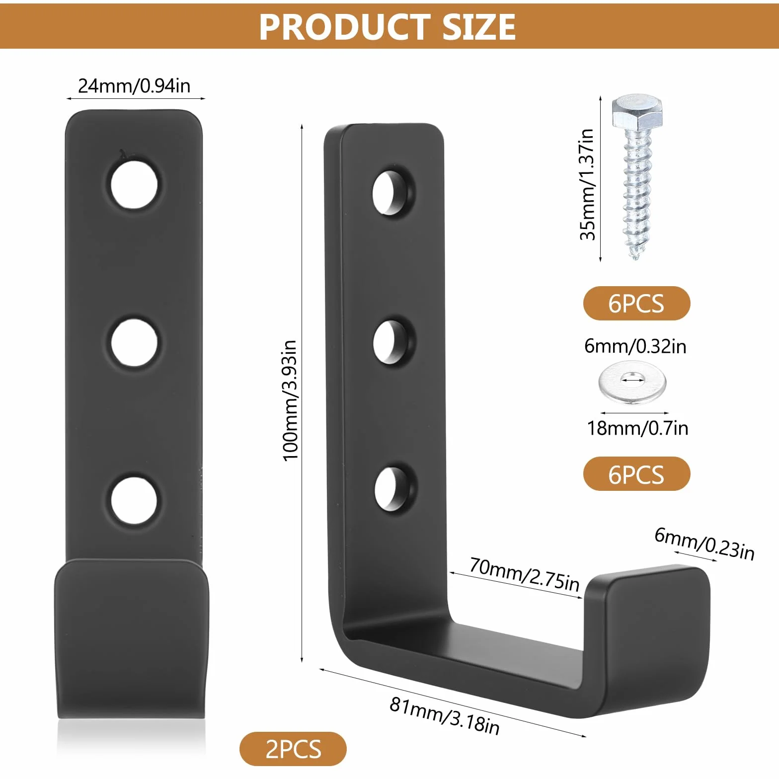 Gancho de Pared para Garaje en J Resistentes, 2 Piezas para Colgar Herramientas, Mangueras, Escaleras con Tornillos (Negro)