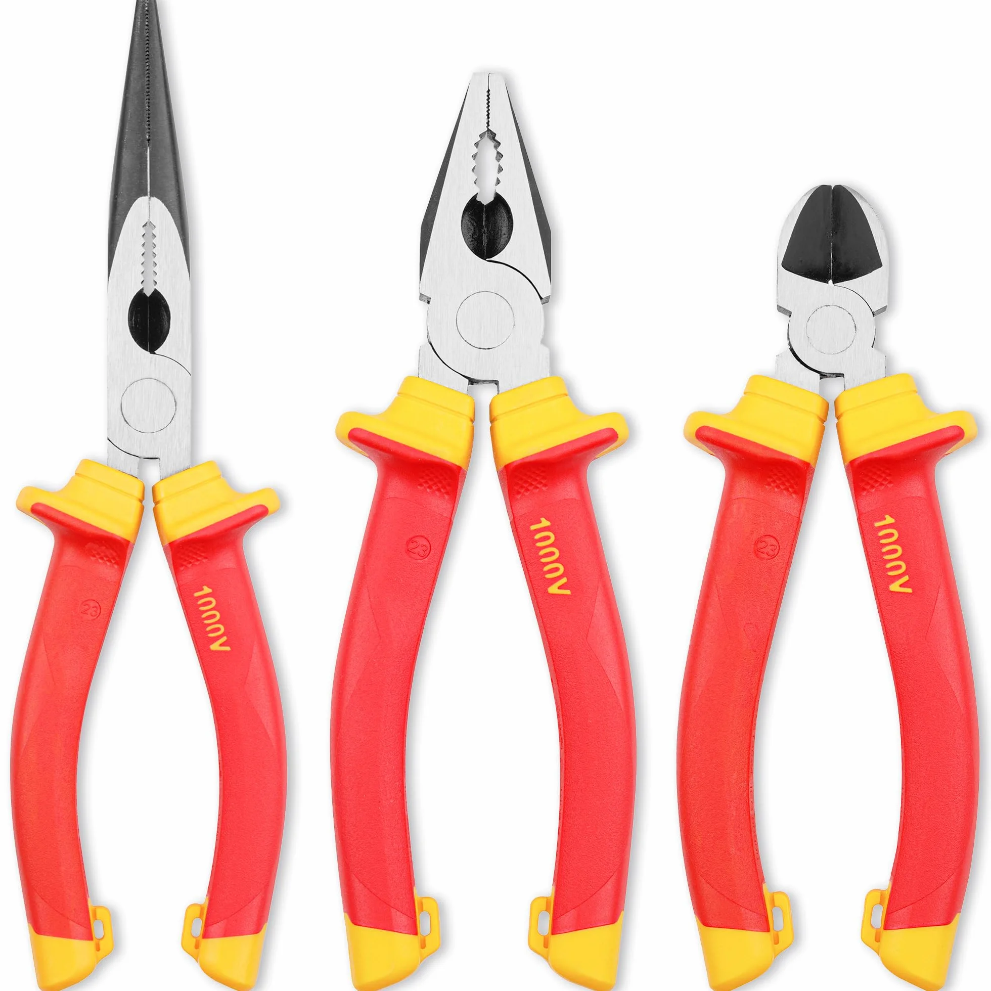 Juego de alicates para electricistas de 3 piezas, combinación profesional aislada y probada por VDE, alicates de corte largo/de punta fina y diagonal/cortadores laterales agarres cómodos
