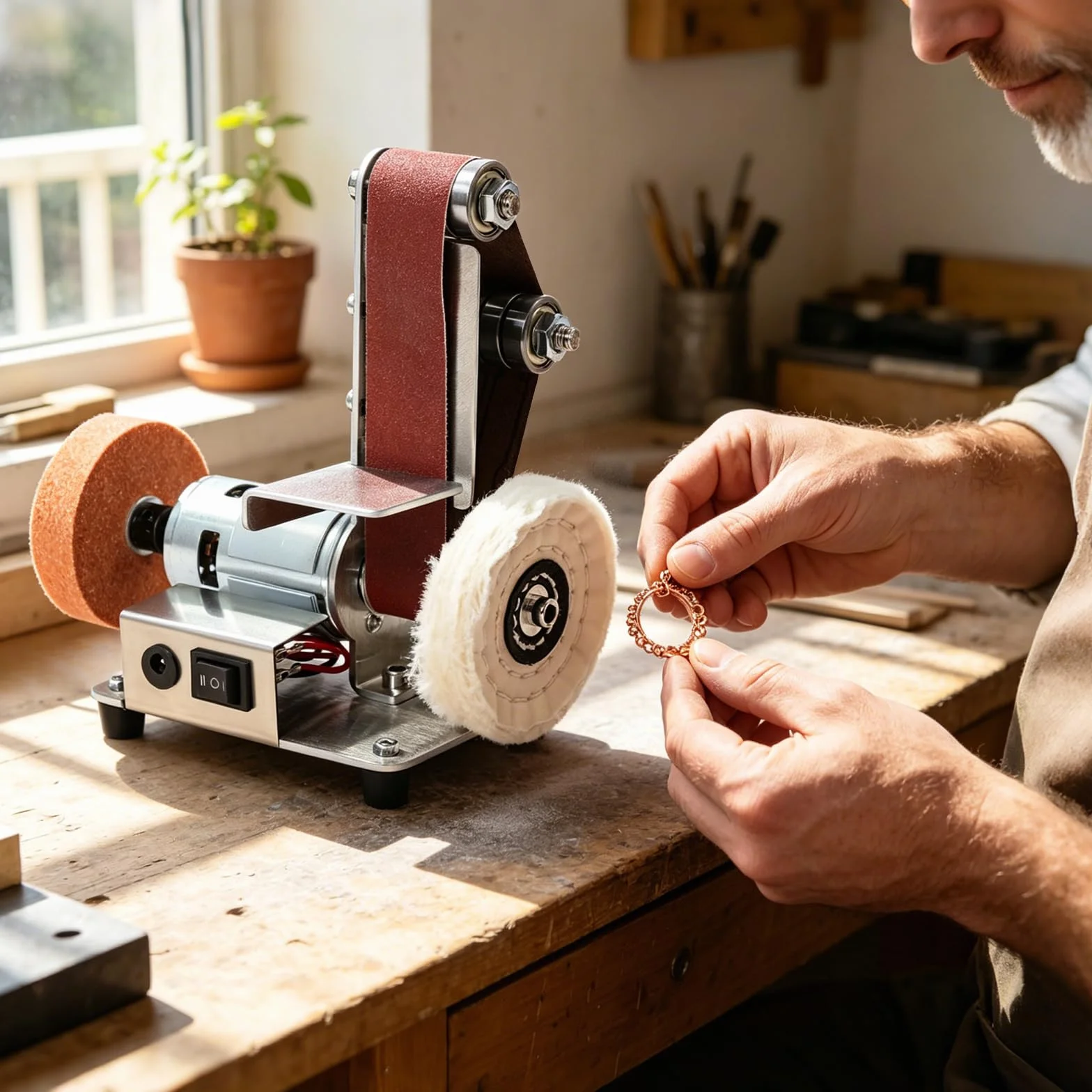 Lijadora de banda, lijadora de 7 velocidades, 9000 rpm, plataforma ajustable, pulidora de banda, lijadora de disco para trabajos de madera DIY, trabajos de metal, fabricación de cuchillos