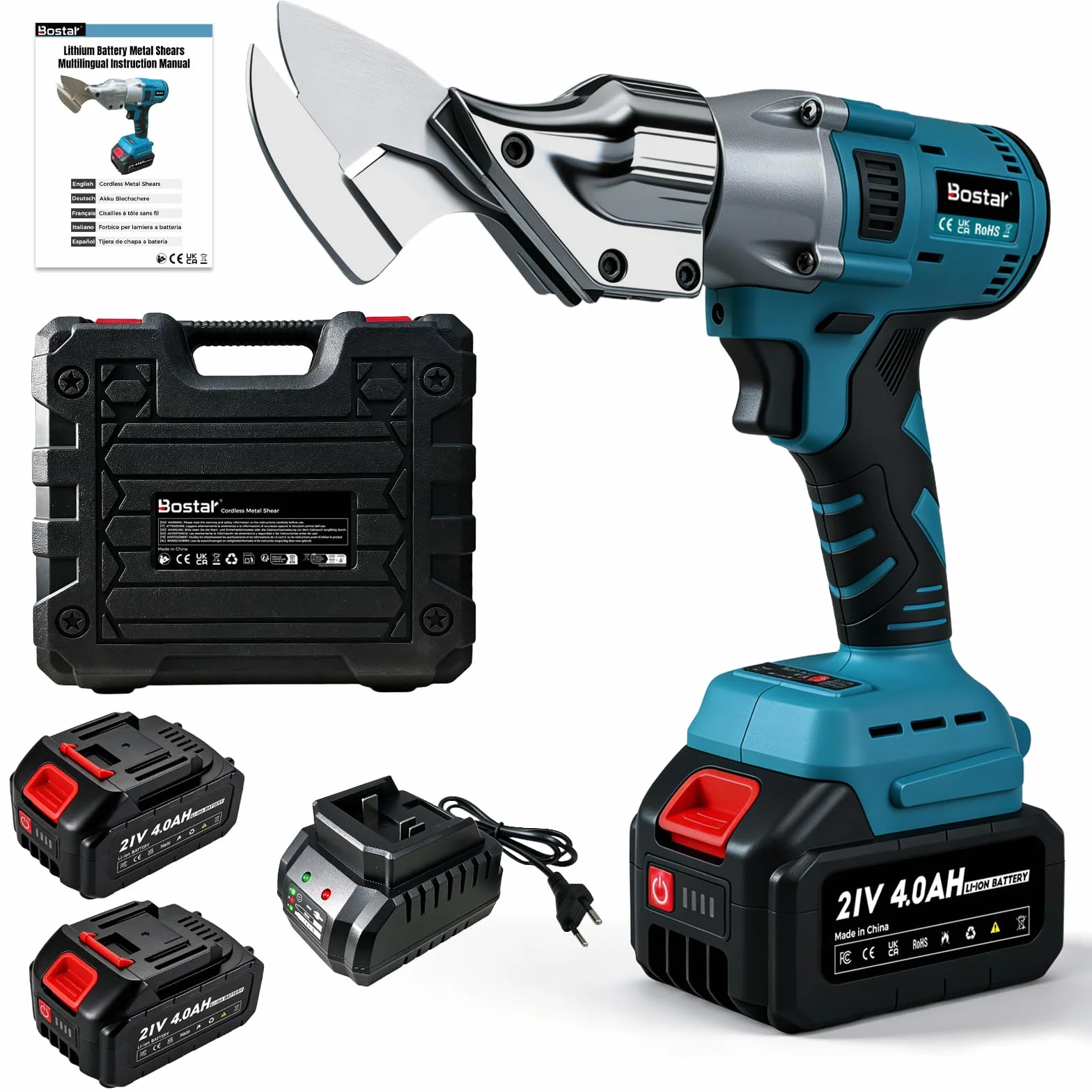 Bostar Tijeras de Chapa a Batería, Motor Sin Escobillas con 2 Baterías 4.0Ah, Cizalla Eléctrica para 1,5mm Metal y 2,0mm Aluminio, Cabezal 360°, Compatible con Makita 18V Batería