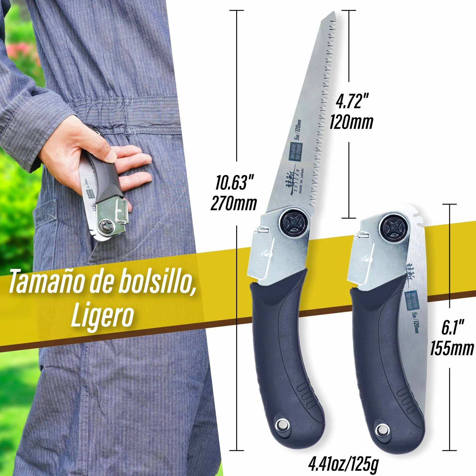 SUIZAN Sierra Plegable Japonesa 120mm Versátil para Madera - Serrucho de Poda Bushcraft Jardinería Carpintería Bricolaje