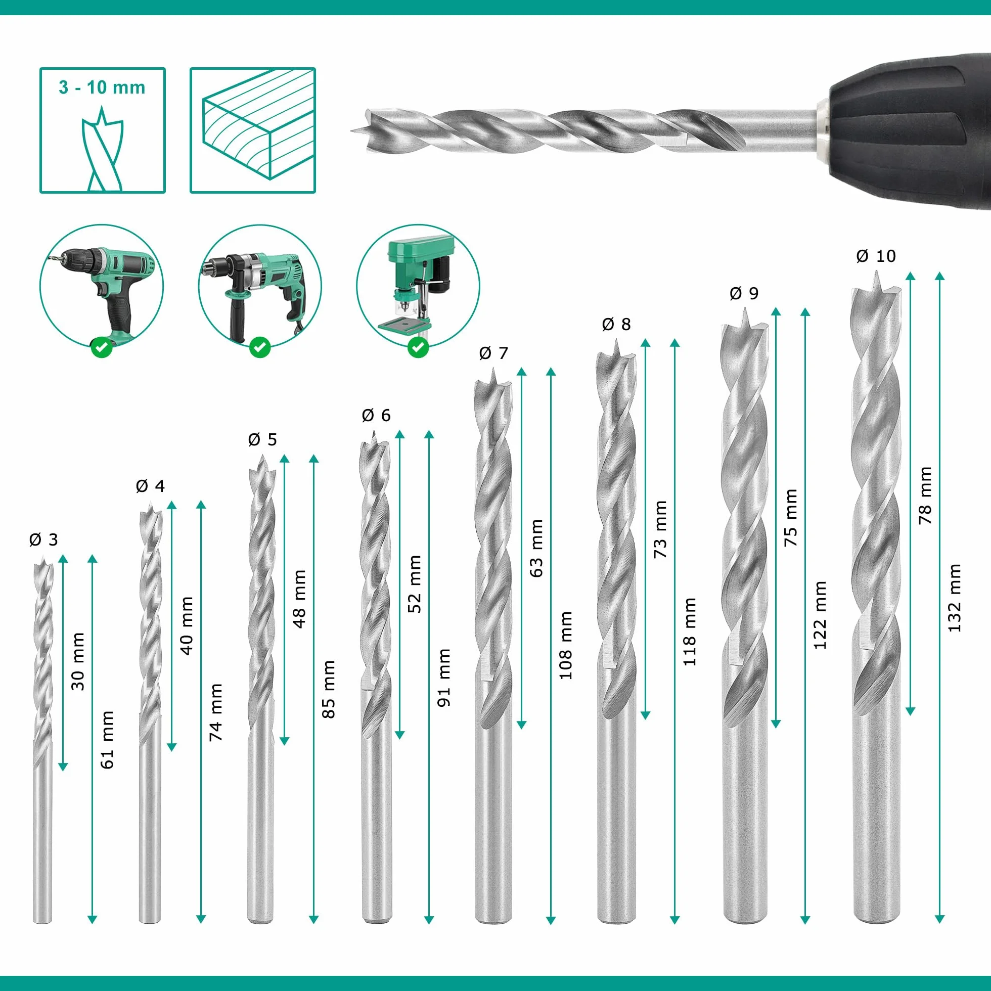 ENT 09248 Juego de 8 brocas para madera HSS-G - 3-10 mm - brocas helicoidales afiladas en HSS