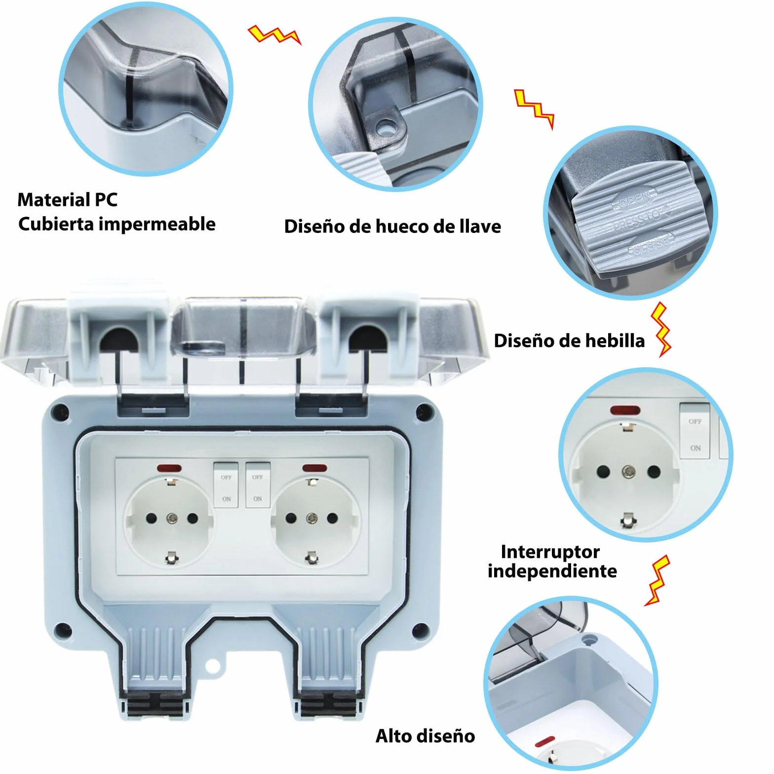 Enchufe de Exterior Impermeable Toma de Corriente IP66 con Interruptor doble conexión,Conector de Cable y Tapa Abatible,para Cocina Baño Garaje Piscina y Jardín (MPG2-GSN, 1 Piezas)