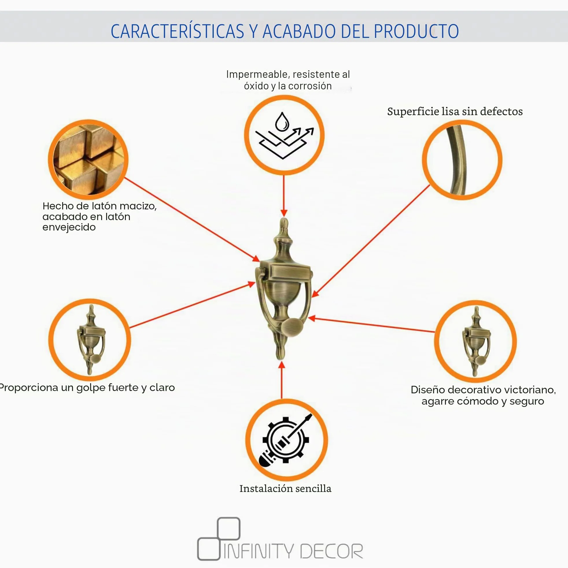 Infinity Decor Aldaba de puerta estilo victoriano de latón macizo de 6 pulgadas en acabado de latón antiguo, aldaba de mano de alta calidad para muebles de puerta delantera de entrada