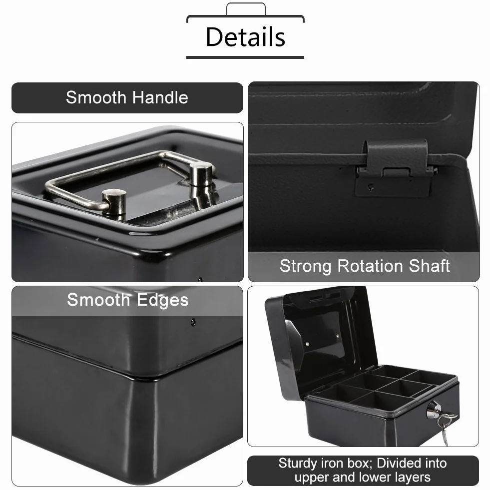 Caja impermeable ignífuga con cerradura de llave, mini caja fuerte portátil de acero Petty, negra