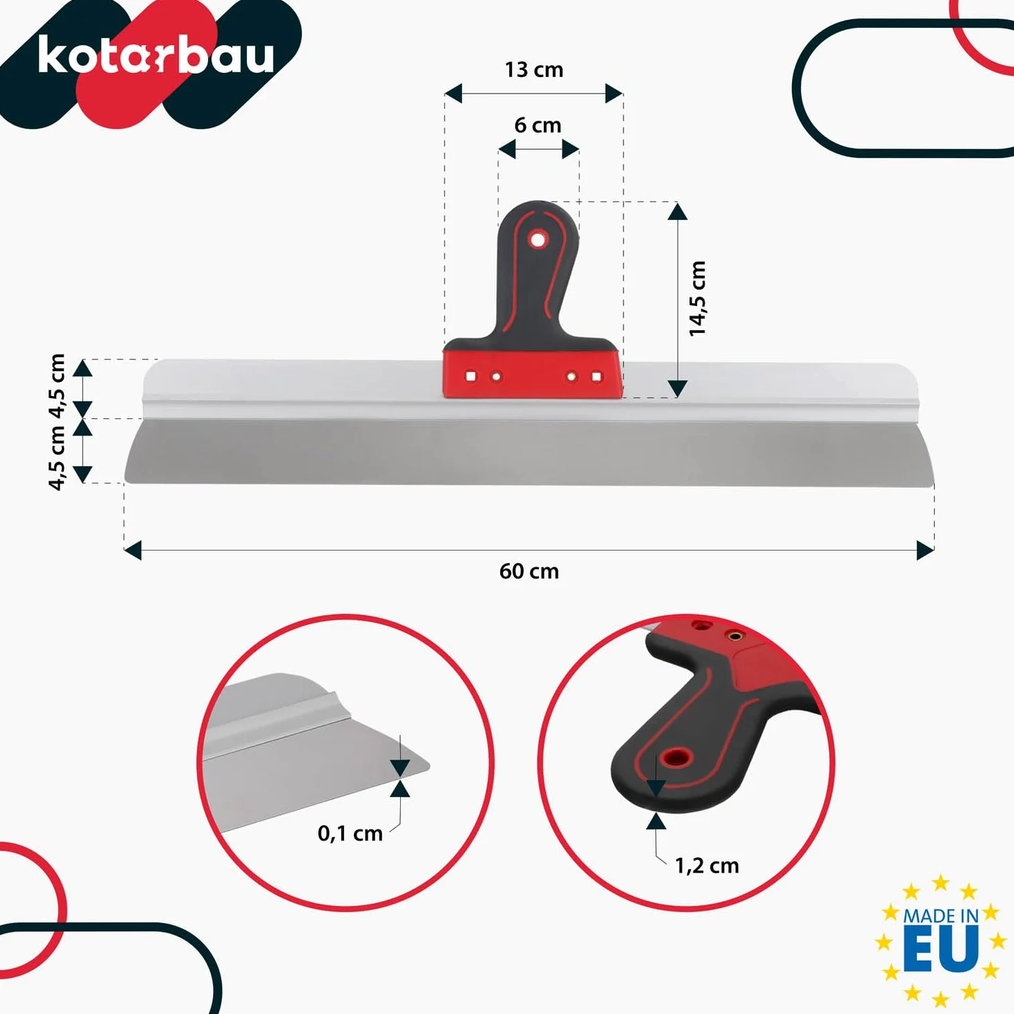 KOTARBAU® Espátula de acero inoxidable 600 mm, para aplicar y retirar yeso, masilla, ancha, para fachadas con soporte de aluminio y mango suave, de superficie