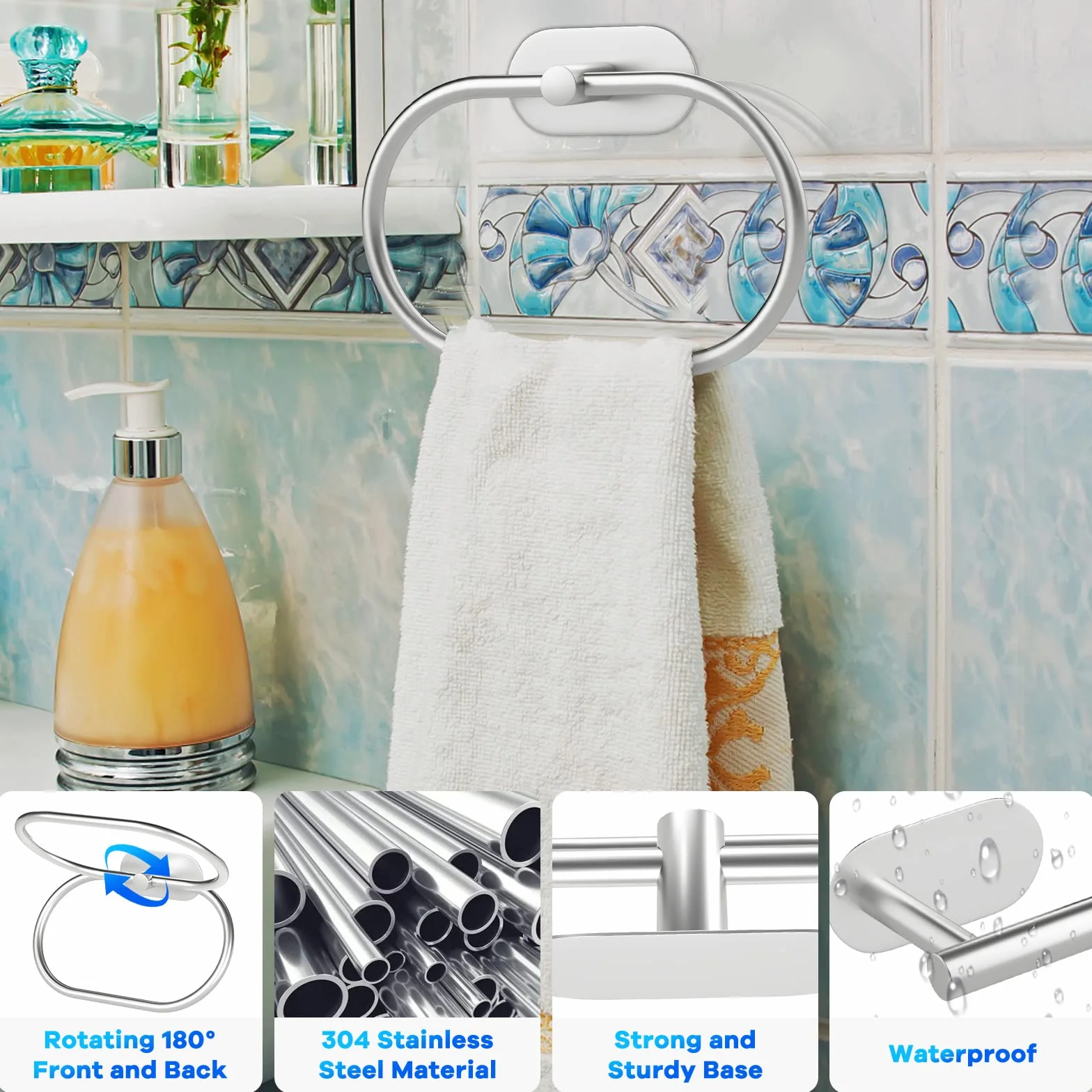 Juego de Accesorios de baño de 5 Piezas - Toalleros de Baño Anillo de Toalla Portarrollos para Papel Higién (Plata)
