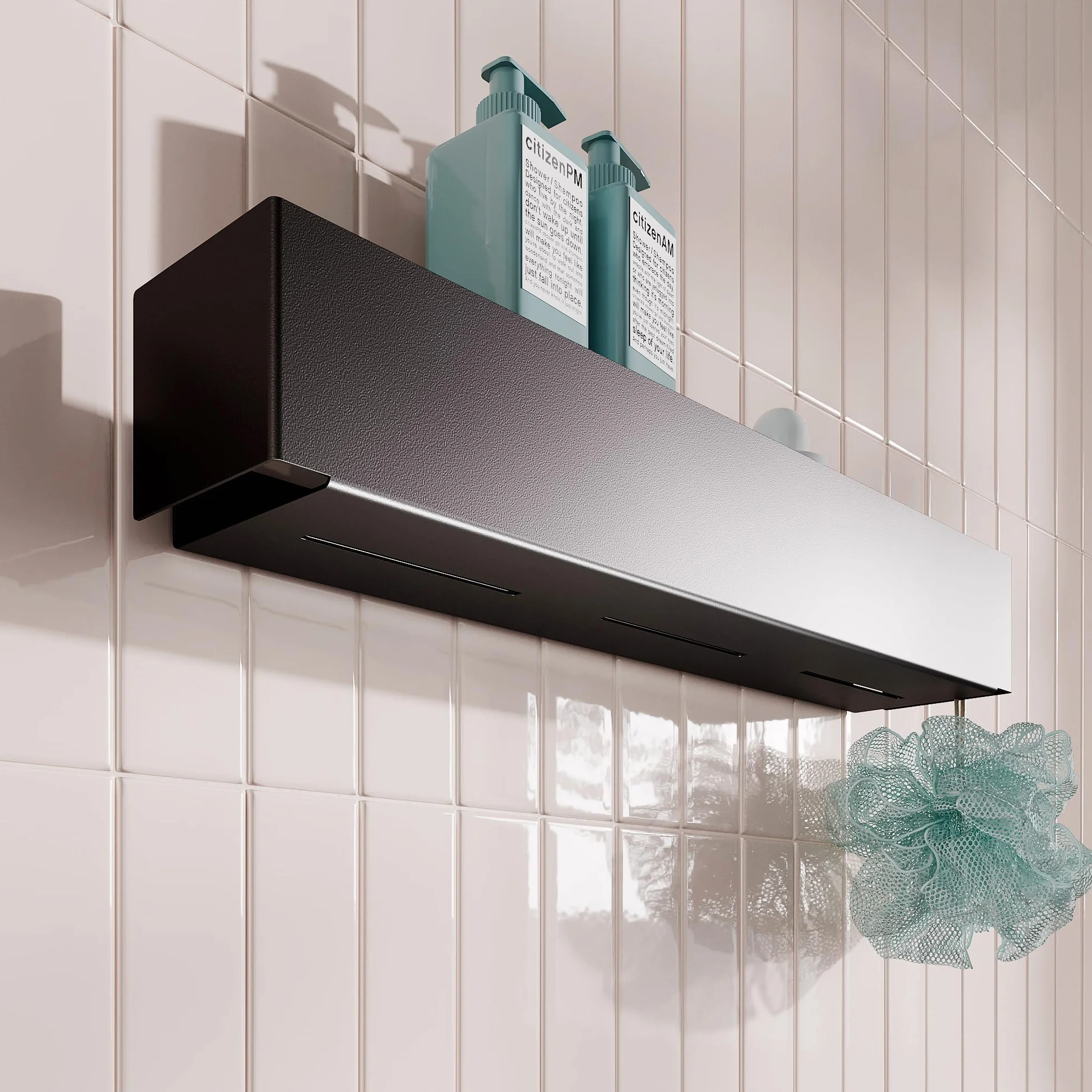 Estantería de ducha negra 50x10x8 cm Estante baño pared sin taladro metal recubrimiento polvo minimalista
