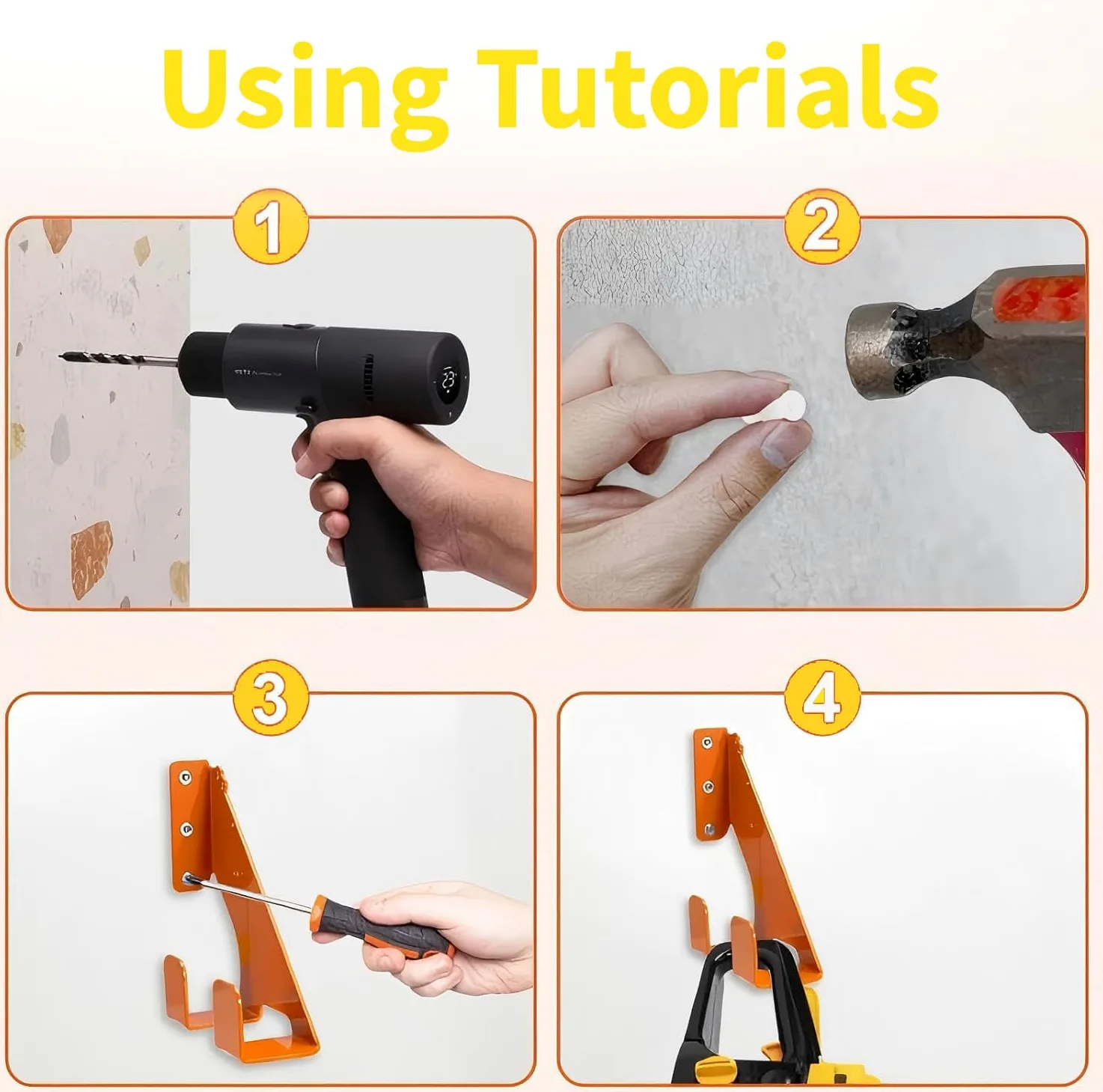 Soporte de pared para motosierra (juego de 2) – Soporte de hierro resistente hasta 68 kg, con protección de goma para asas, montaje horizontal/vertical, para garaje y taller (naranja)