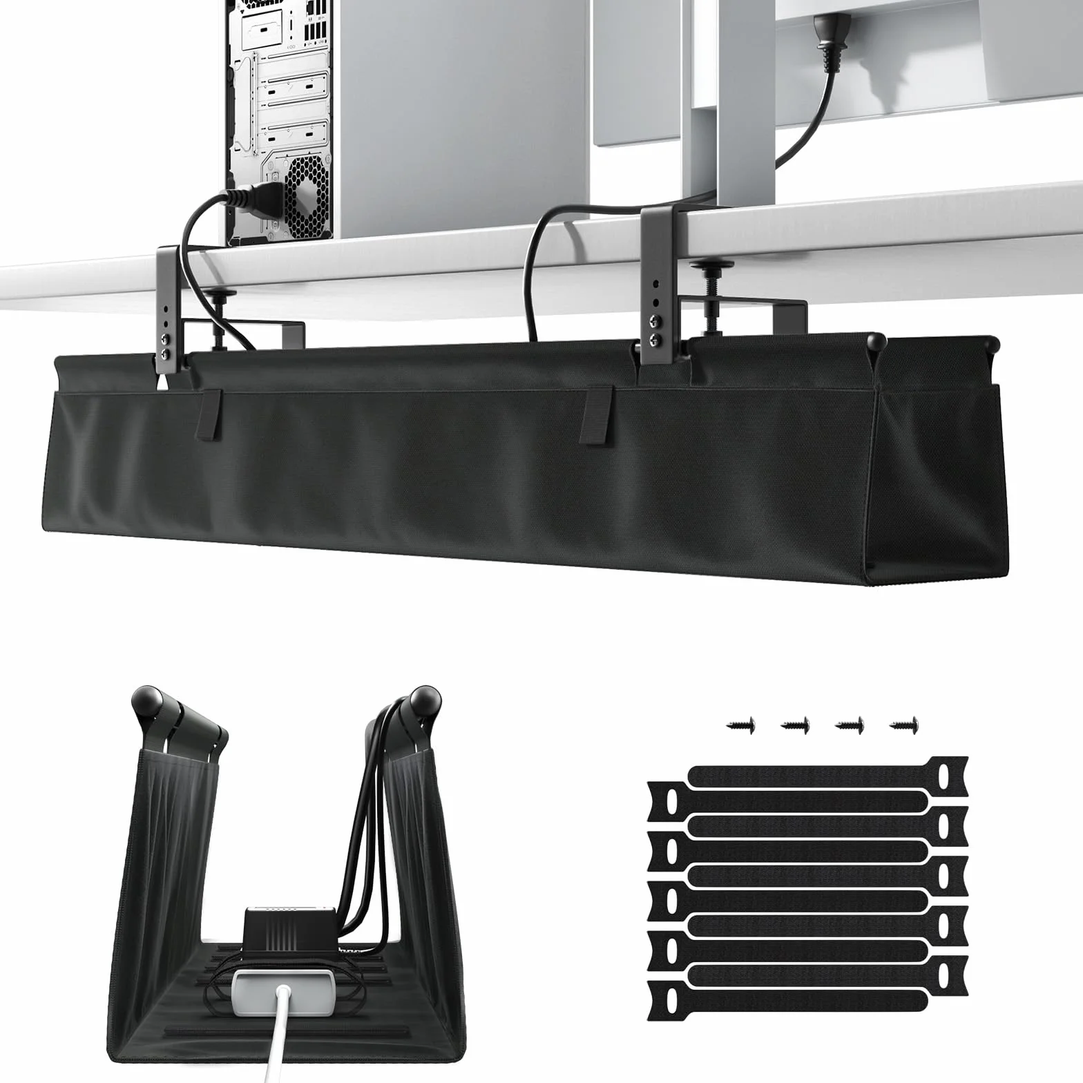Organizador de Cables para Escritorio Sin Taladro, Cable Management Under Desk 90cm con Fijación a Pinzas/Tornillos, Bandeja de Cable de Tela Estable e Impermeable para Hogar y Oficina, Negro