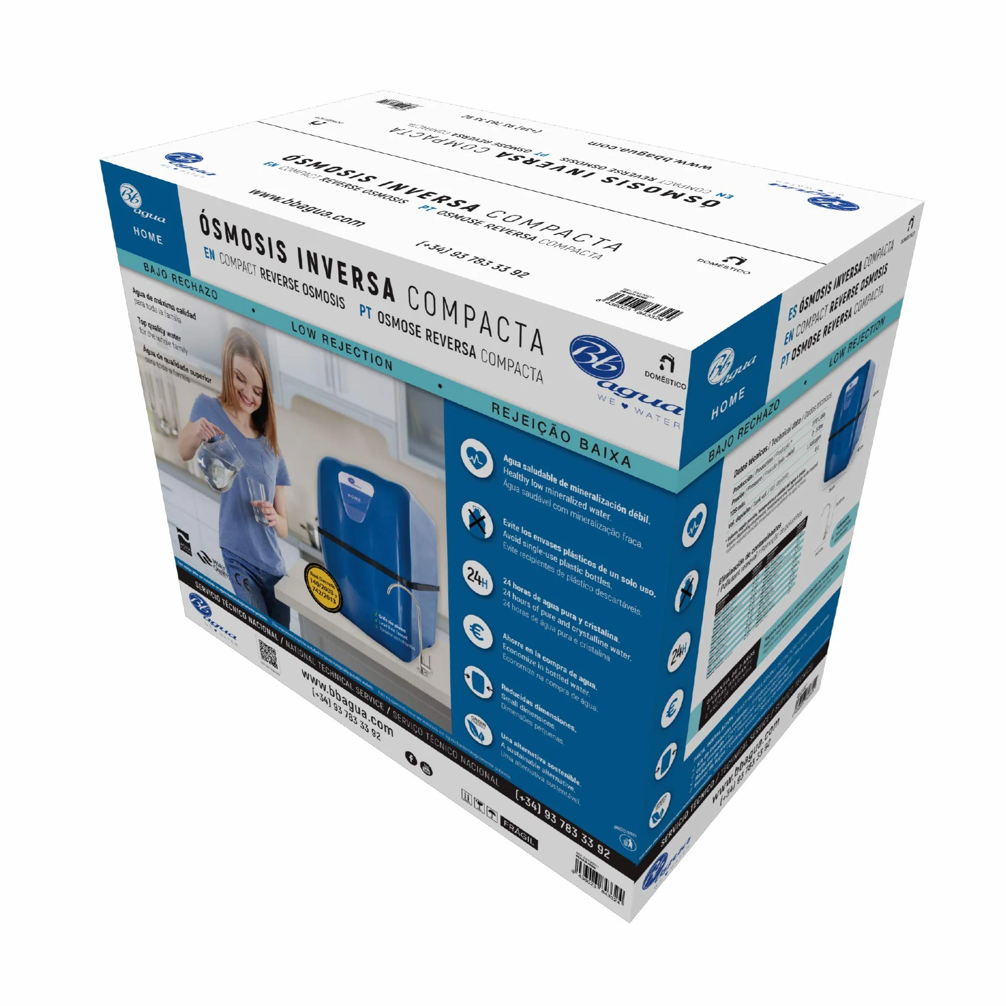 Bbagua Home. Equipo de Osmosis Inversa Compacta de 5 Etapas. Fácil Instalación bajo encimera y cambio de Filtros. Bajo rechazo. Agua saludable de mineralización débil.