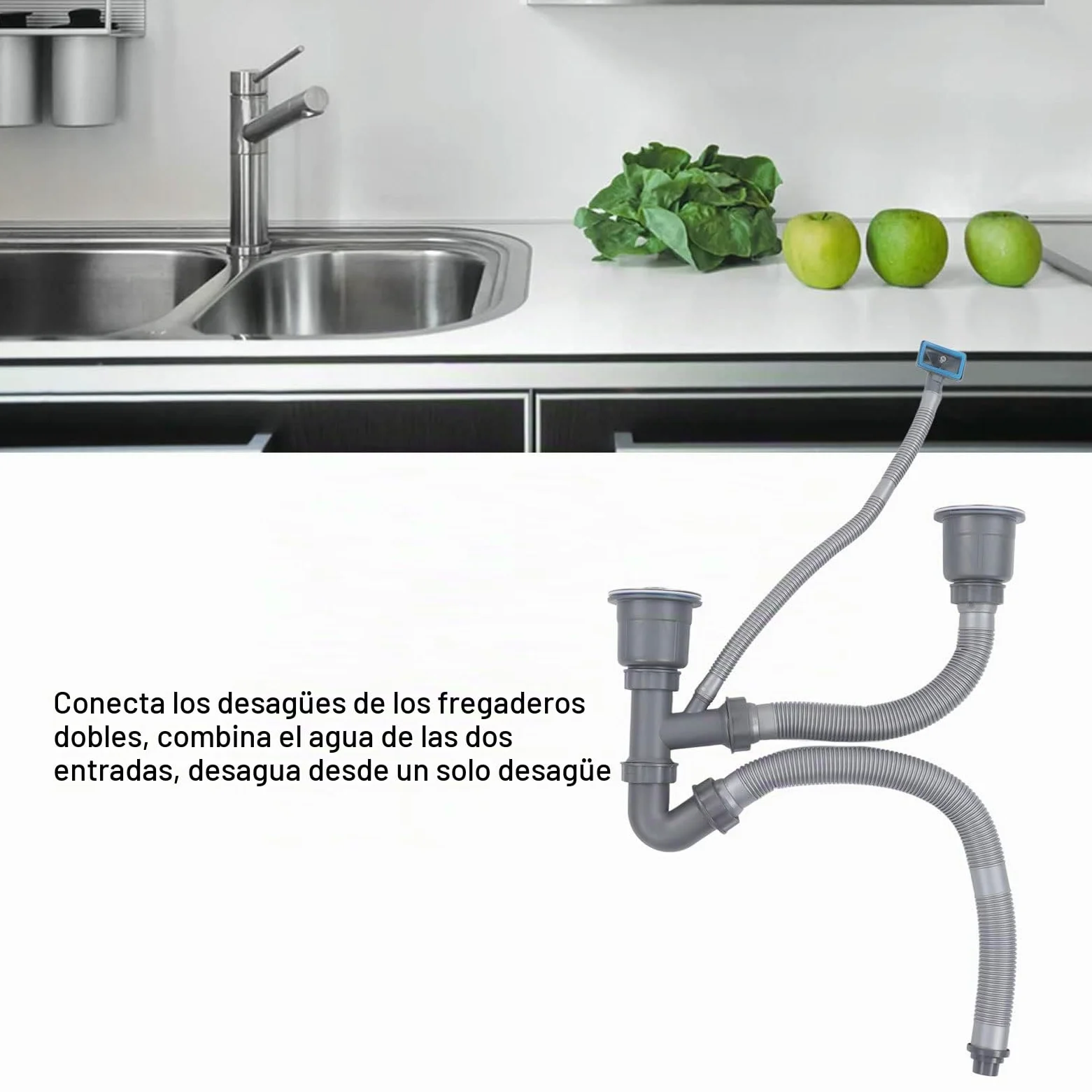 Kit Desague de Tubería Doble para Fregadero Universal, Taza Interior de Acero Inoxidable, Sifon Doble Fregadero de Escurridor Adecuado para El Hogar, Cocina, Drenaje Rápido