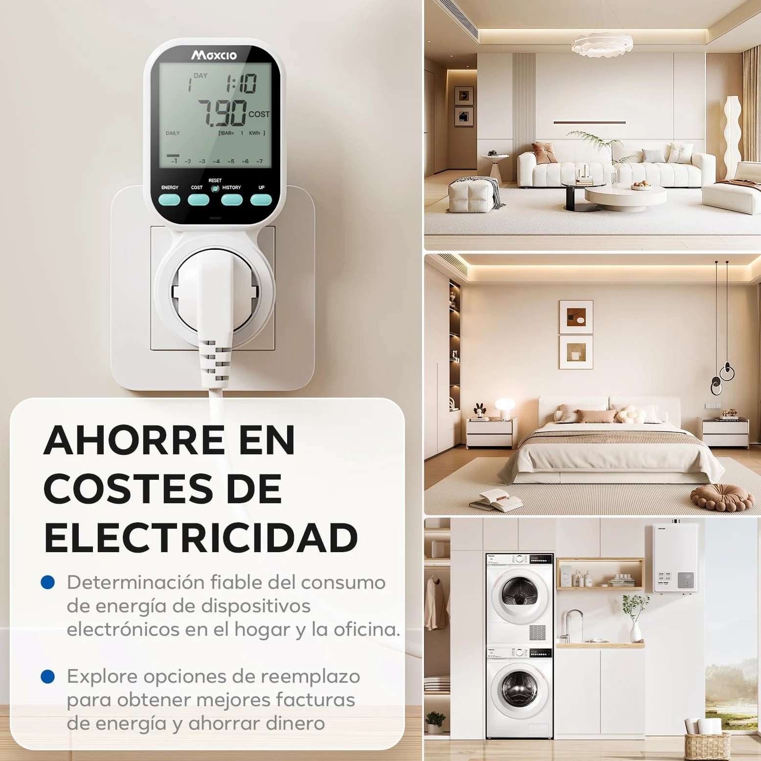Maxcio Medidor de Consumo de Energía, enchufe de ahorro energético con pantalla LCD retroiluminada, 7 Modos Medidor de Consumo Electrico con Protección contra Sobrecarga, Nuevo Estilo