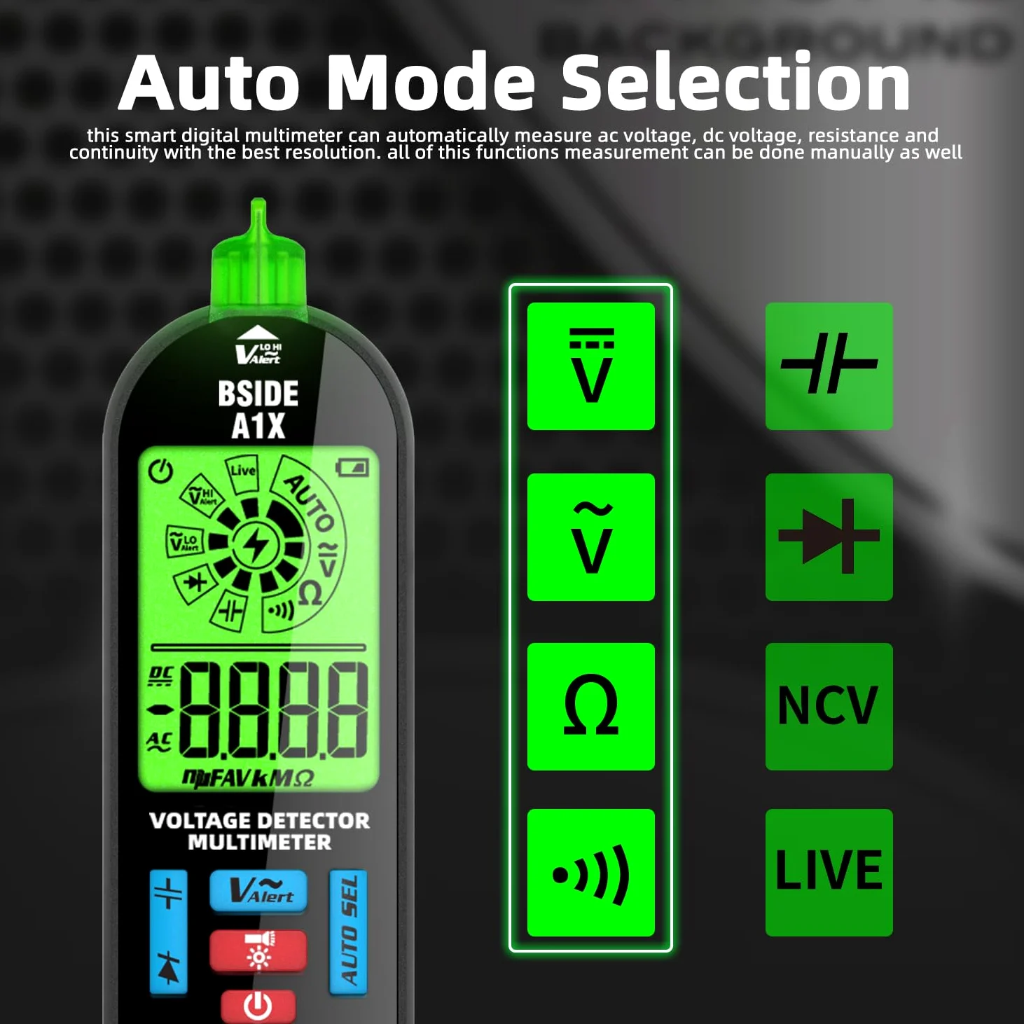 BSIDE A1X Multímetro Digital Inteligente Mini Detector de Voltaje Sin Contacto Recargable con Pantalla ID Tester Automático de Voltaje Continuidad Resistencia Probodor de Capacidad Diodo con Estuche