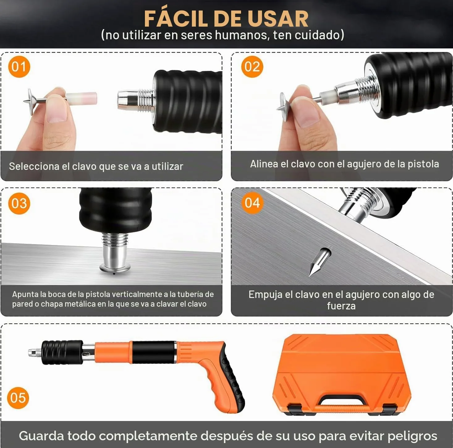 Clavadora de hormigón, clavadora de remache, pistola de clavos portátil con 200 clavos redondos, pistola manual con 5 niveles ajustables, para paredes de hormigón (Naranja)