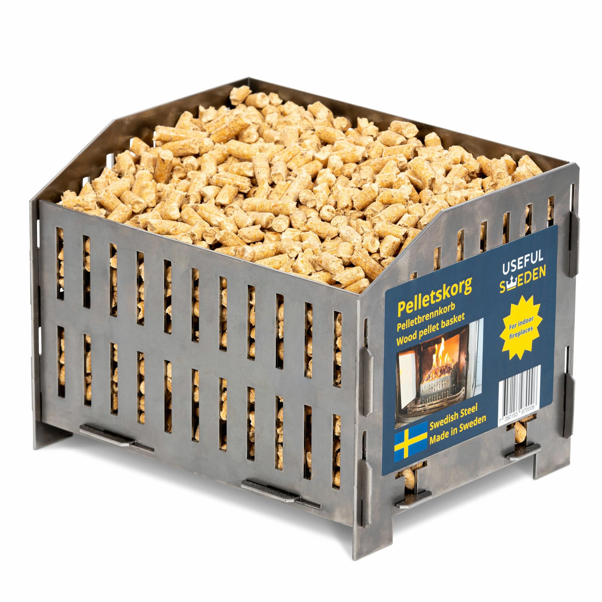 Cesta Quemador de Pellets de USEFUL SWEDEN - Quema Pellets de Madera en Estufa de Leña o Chimenea Abierta, Acero Sueco, 17.7 x 24.0 x 17.0 cm profundidad x ancho x altura, 2kg, Estufa de camping