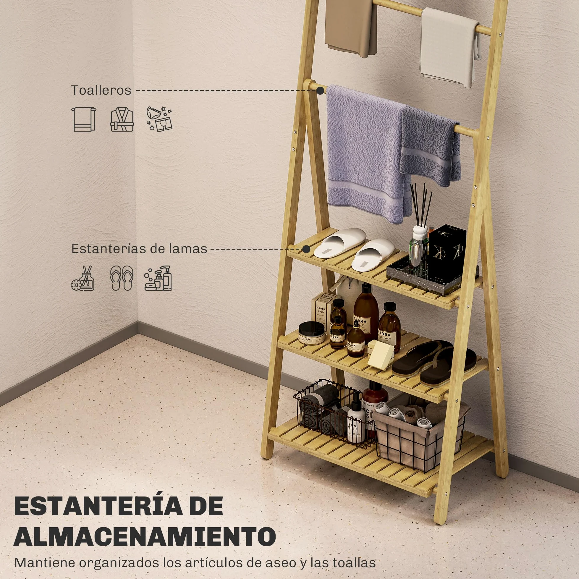 HOMCOM Estantería de Baño de Bambú con 3 Estantes 53,5x30x153 cm Natural | Estantería de Almacenaje, Plegable, con Barras, en Forma de A