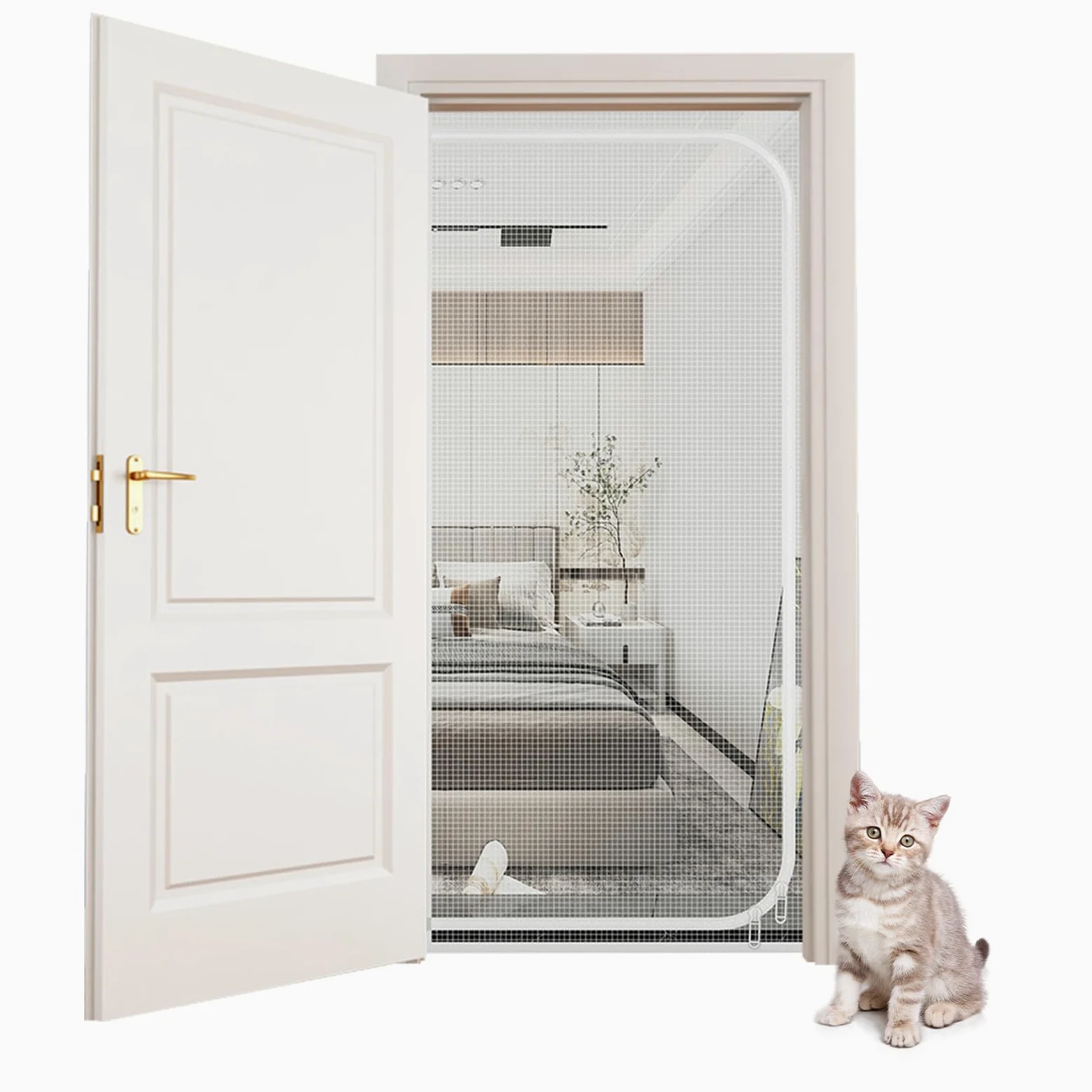 Puerta Mosquitera para Gatos Evitar Que los Cachorros y Gatos se salgan de casa, Pantalla a Prueba de arañazos con Cremalleras, Puerta Mosquitera Cortina para Balcón (100 * 210cm, Blanco)