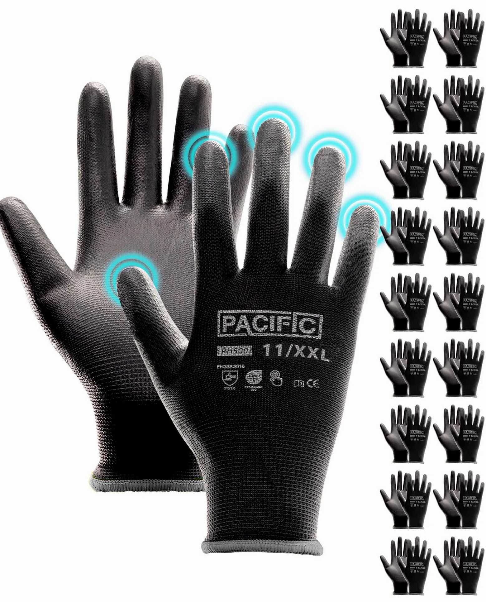 PACIFIC PPE 18 Pares Guantes de Trabajo para Hombre y Mujer, 11/XXL, Negro | Protección para Tareas Ligeras, Touchscreen, transpirables, Taller, Mantenimiento, Jardinería, Almacén, Mecánica