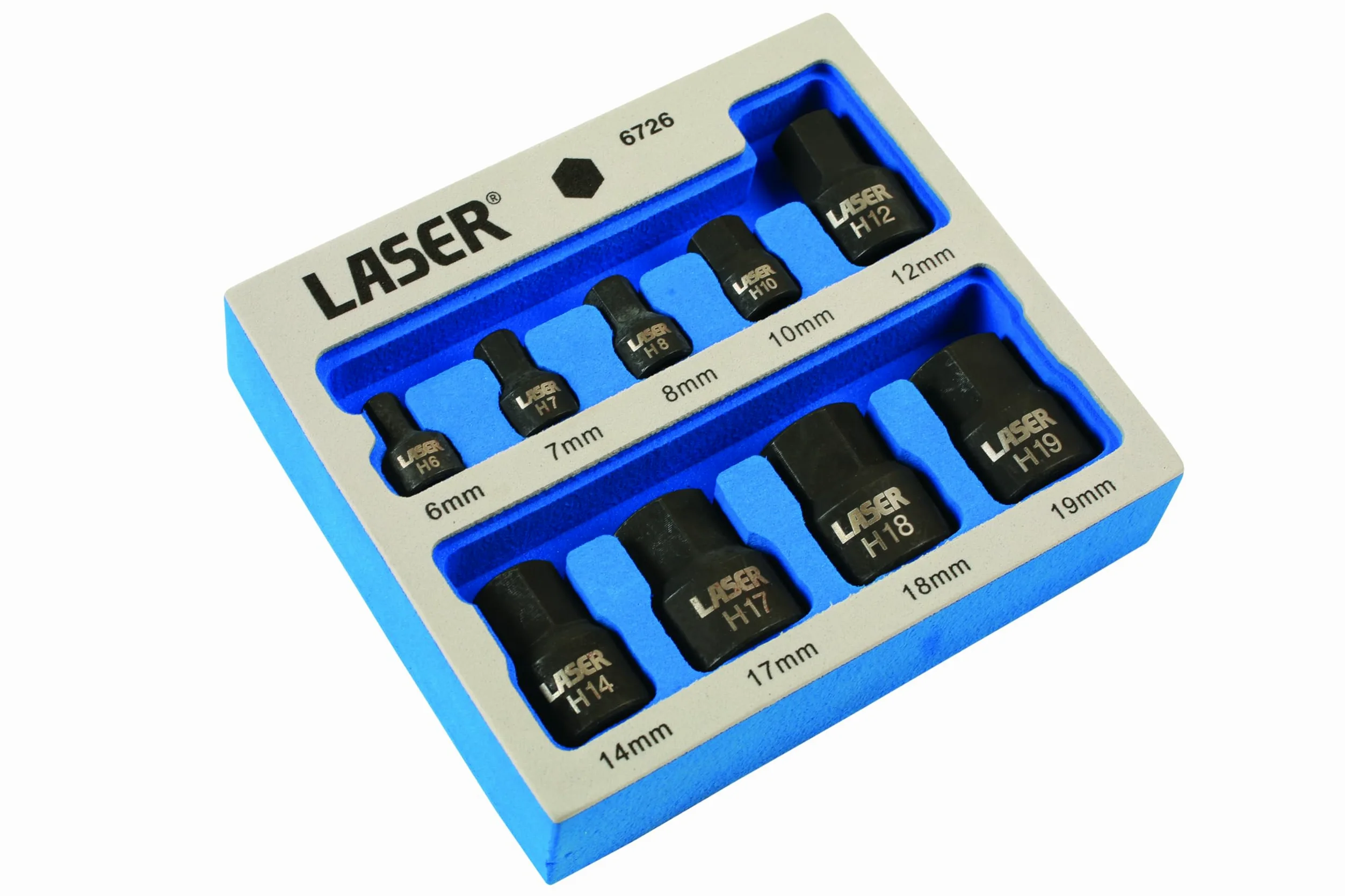 Laser 6726 Low Profile Impact Hex Socket Bit Set 1/4"D, 3/8"D 9pc, Silver