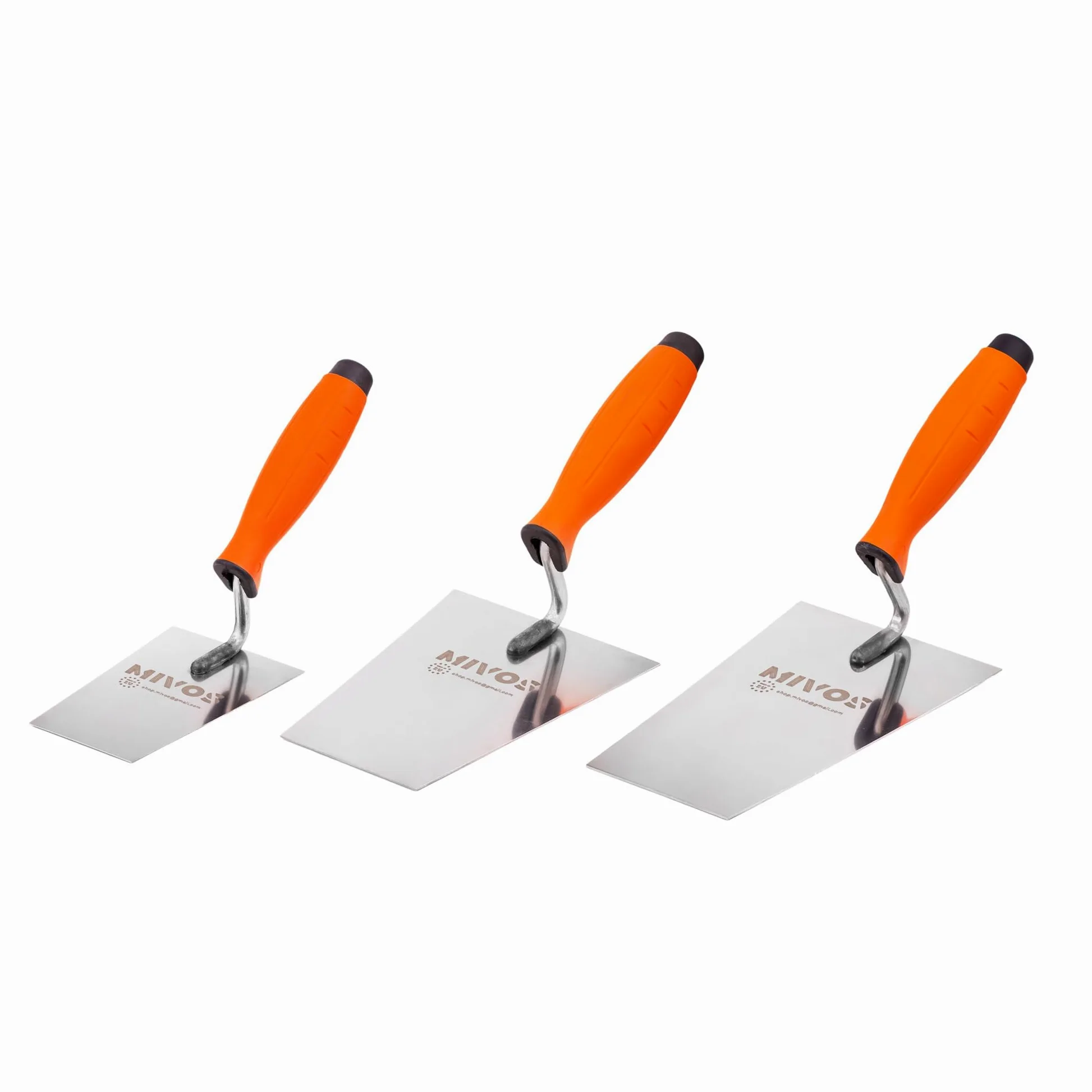 Mivos Juego de 3 Palas Trapezoidales de Acero Inoxidable de 130 mm 160 mm 180 mm – Paleta de Albañil en Forma Trapezoidal – Paleta de Estufa con Mango de Goma – Paleta para Alisar Trapezoidal
