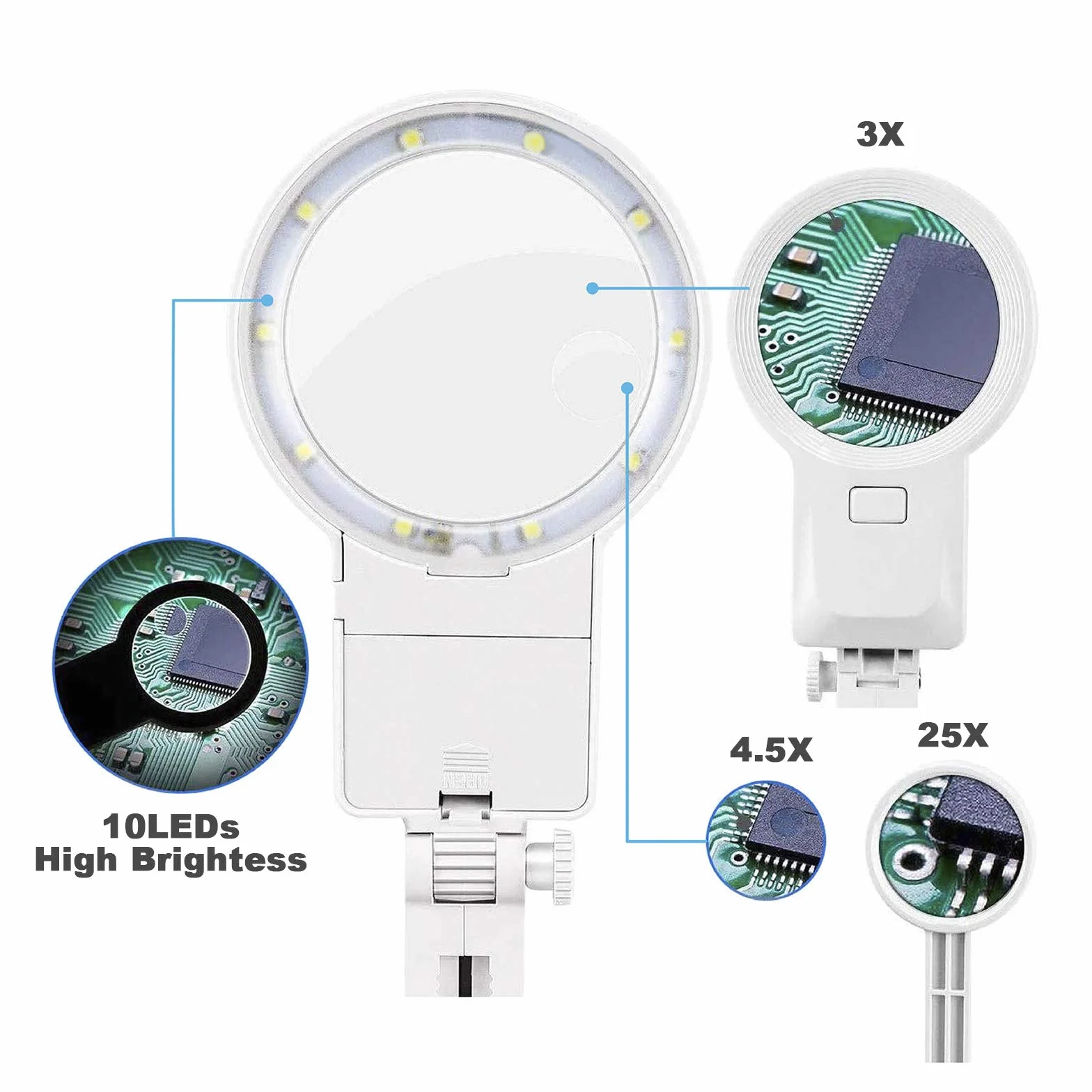 GuDoQi Lupa de Soldadura Multifuncional 3X 4.5X 25X USB Lupa de Escritorio Iluminada con Brazadera y Pinzas de Cocodrilo Soldadura, Ensamblaje, Reparación, Modelado, Manualidades