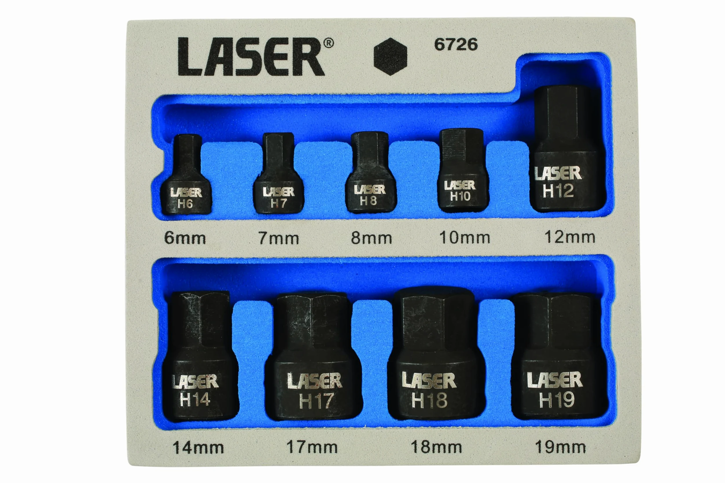 Laser 6726 Low Profile Impact Hex Socket Bit Set 1/4"D, 3/8"D 9pc, Silver