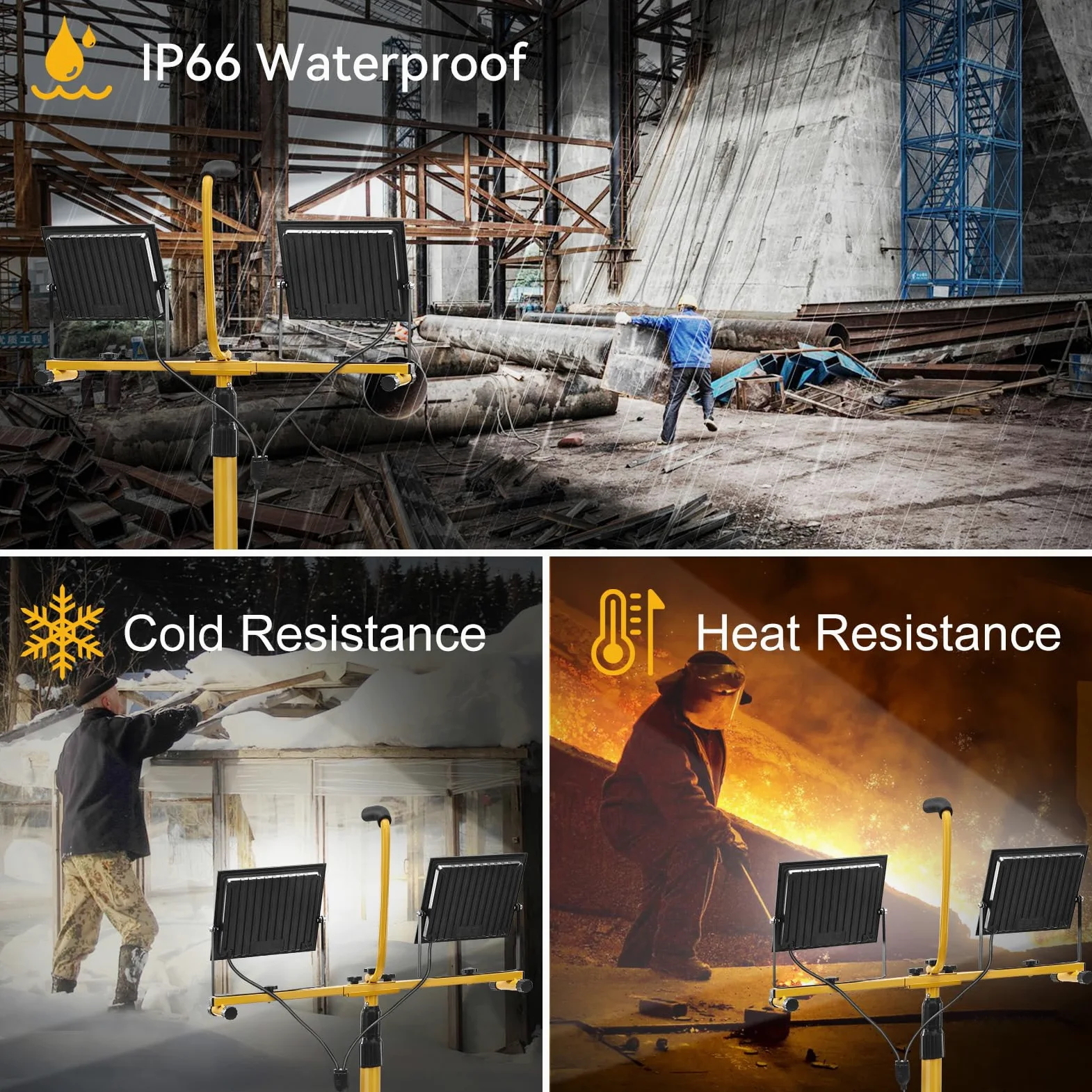 Yofuly 2x 100W Foco LED de Trabajo 21,000LM, Focos LED Portátil con Trípode Telescópico 1,6M, Lentes PC, IP66 Impermeable, con Cable de 3M, Luz de Trabajo para Obras, Jardines, Construcción