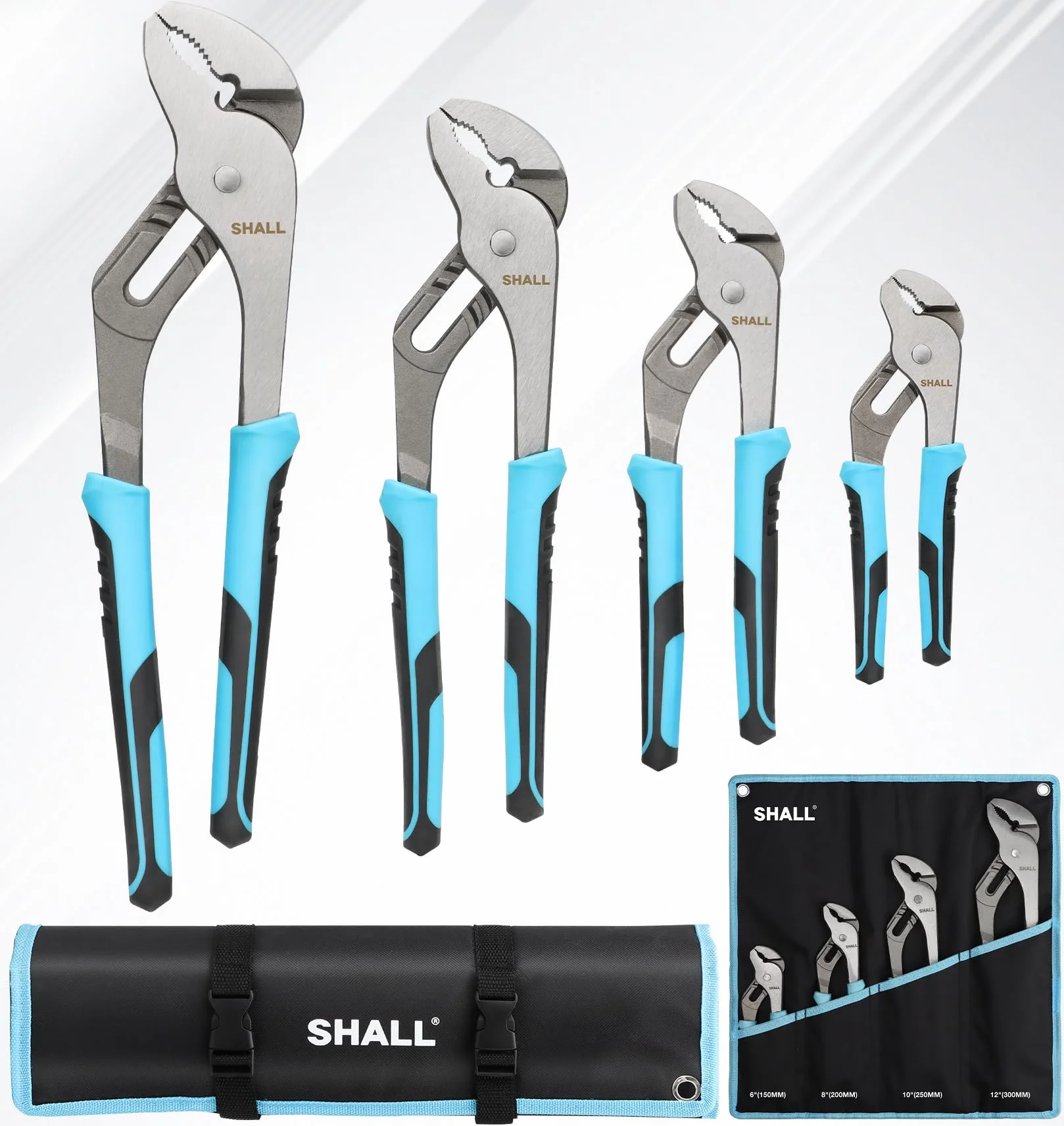 SHALL, Juego de 4 alicates ajustables de junta ranurada, de 30, 25, 20 y 15 cm, con agarre acolchado, alicates de lengüeta y ranura con bolsa de herramientas enrollable para reparación del hogar,