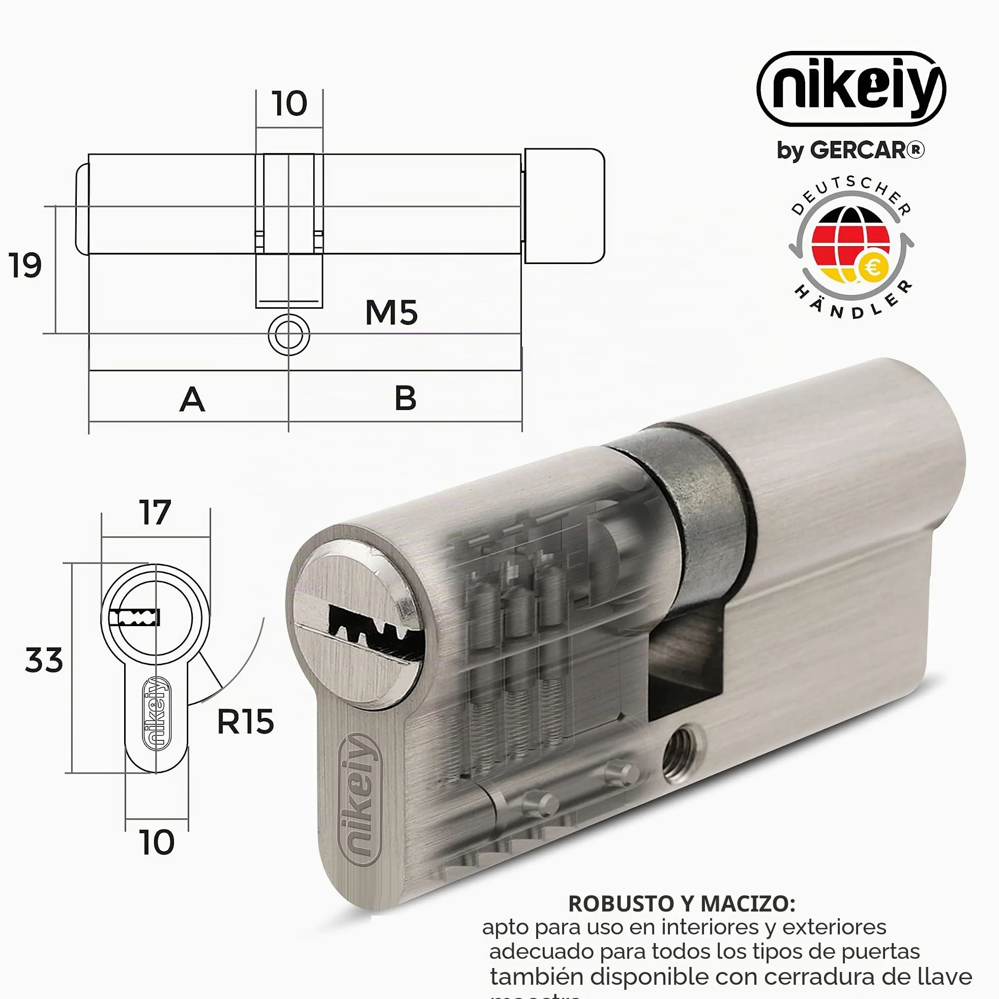 GERCAR Pro 3 Cilindros de Cierre 30/30 Con Cierre Uniforme, 15 Llaves, Cerradura de 60 mm, Longitud: 60 mm, A: 30 B: 30 mm, Latón Macizo Mate